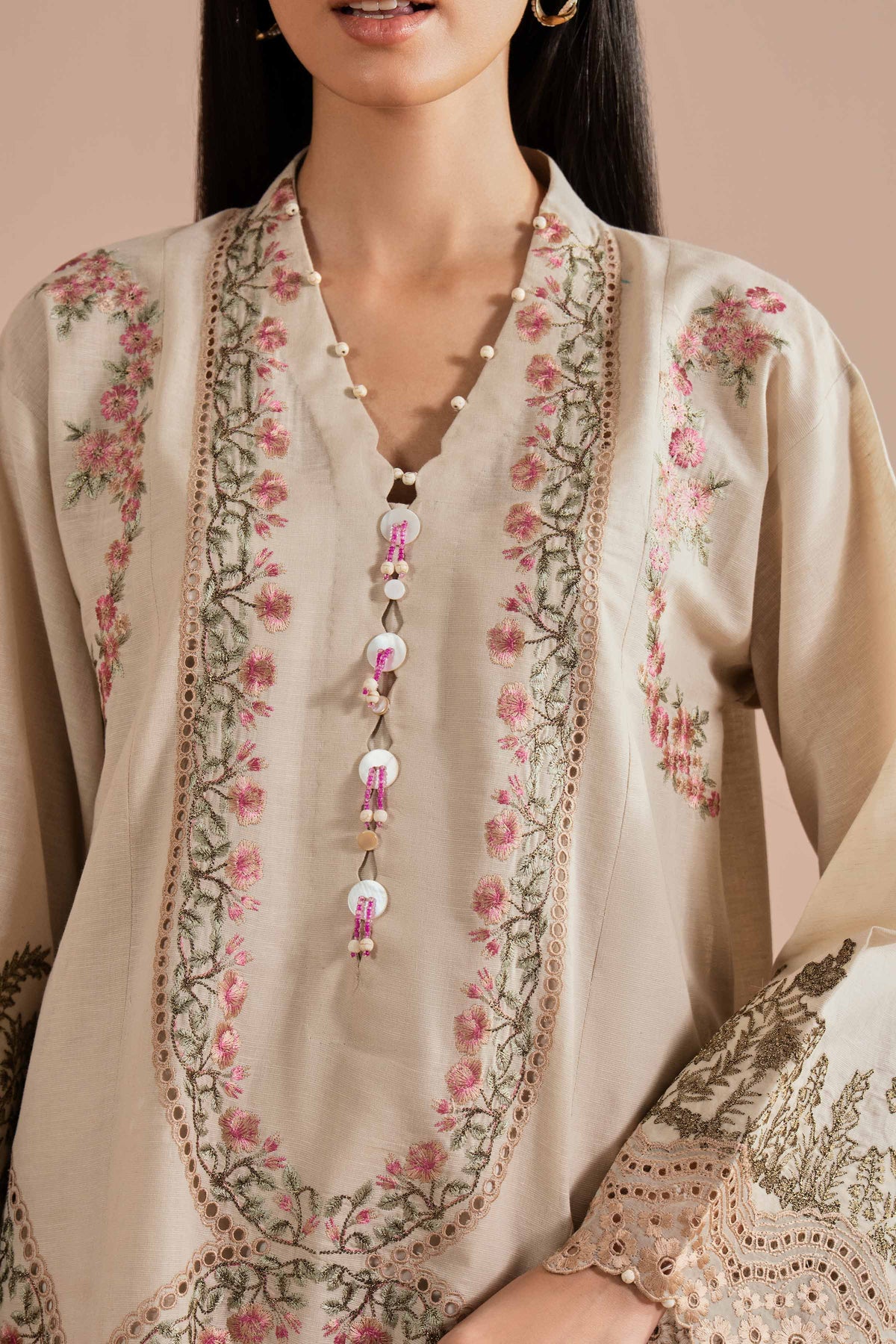 2 Piece - Embroidered Suit - PE26-48 Beige Linen 2PC Embroidered Nishat Australia