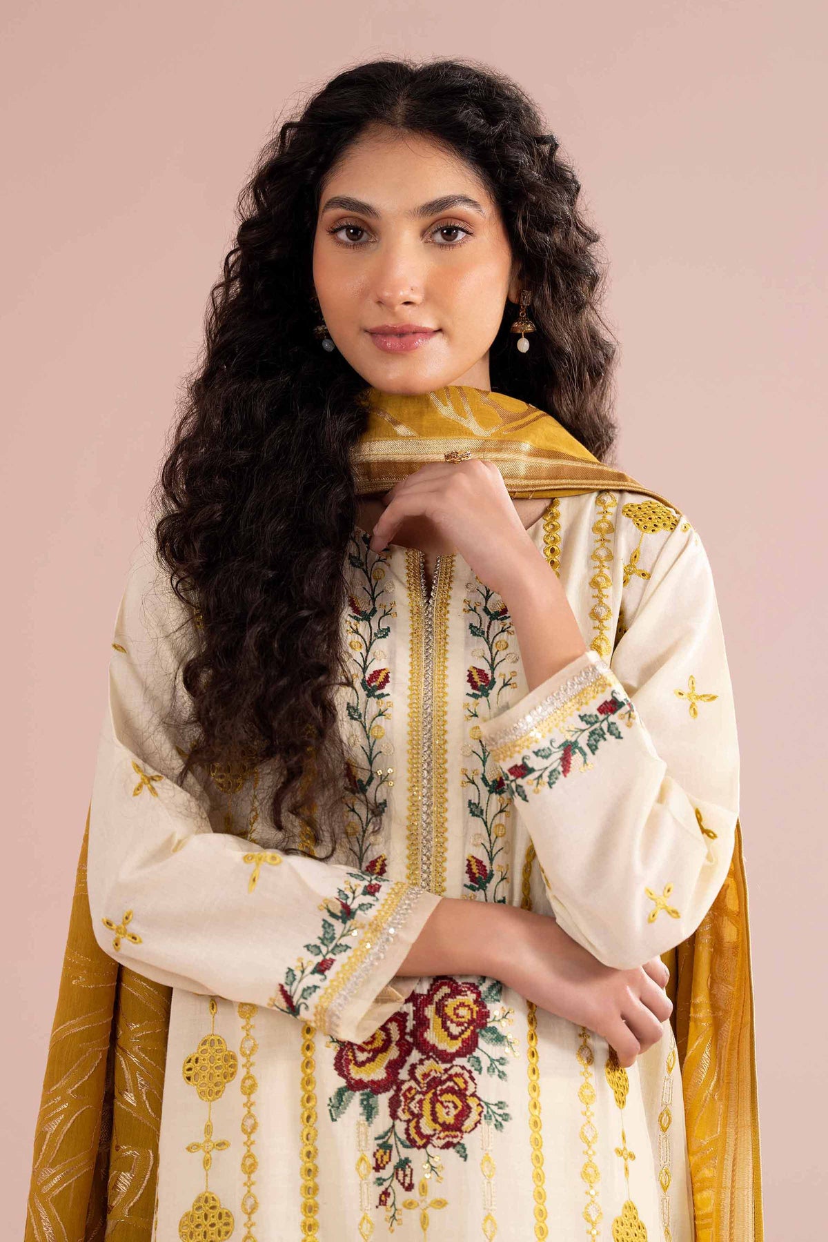 3 Piece - Embroidered Suit - PE26-75 Yellow Slub Base 3PC Embroidered Nishat Australia