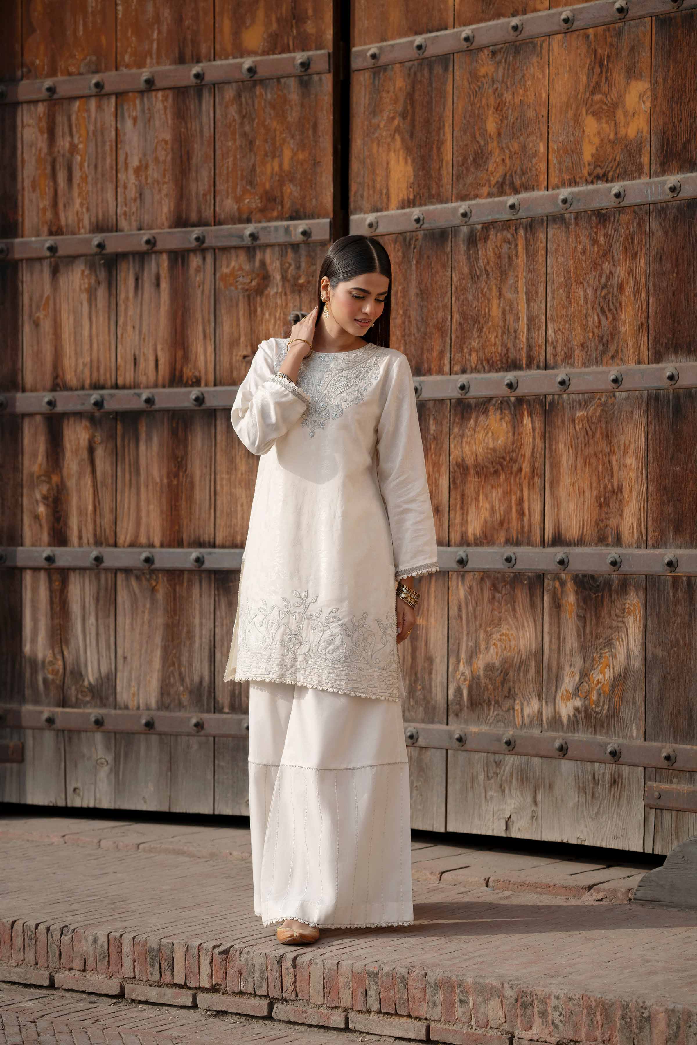 2 Piece - Embroidered Suit - PFE25-14 READY TO WEAR White Jacquard 2PC Embroidered