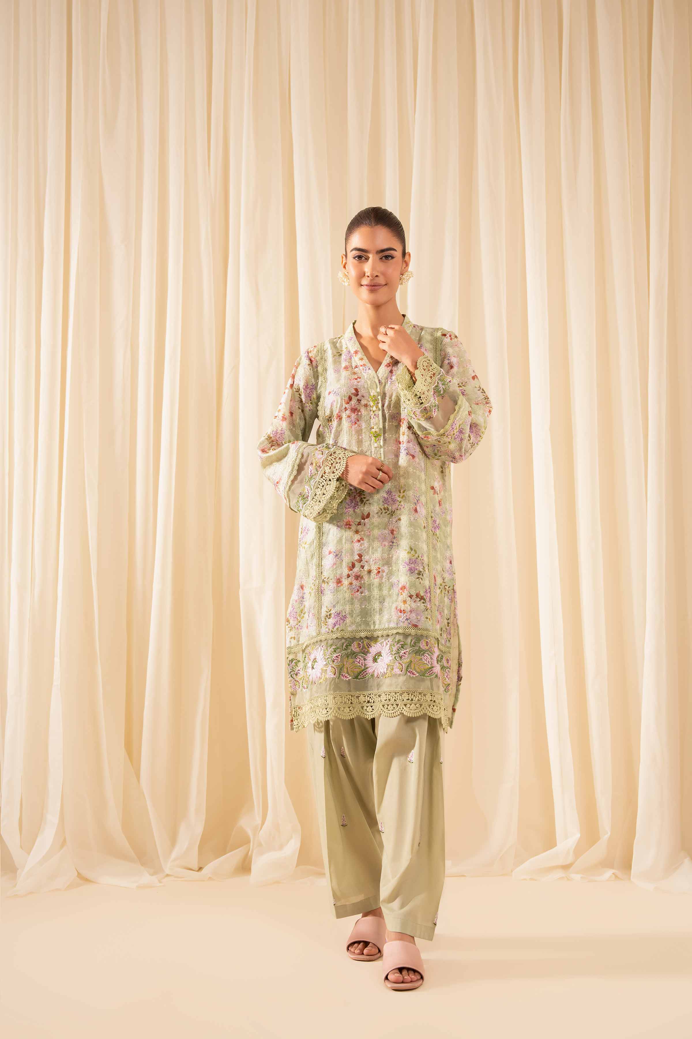 2 Piece - Printed Embroidered Suit - PFE25-34 READY TO WEAR Green Silk 2PC Embroidered