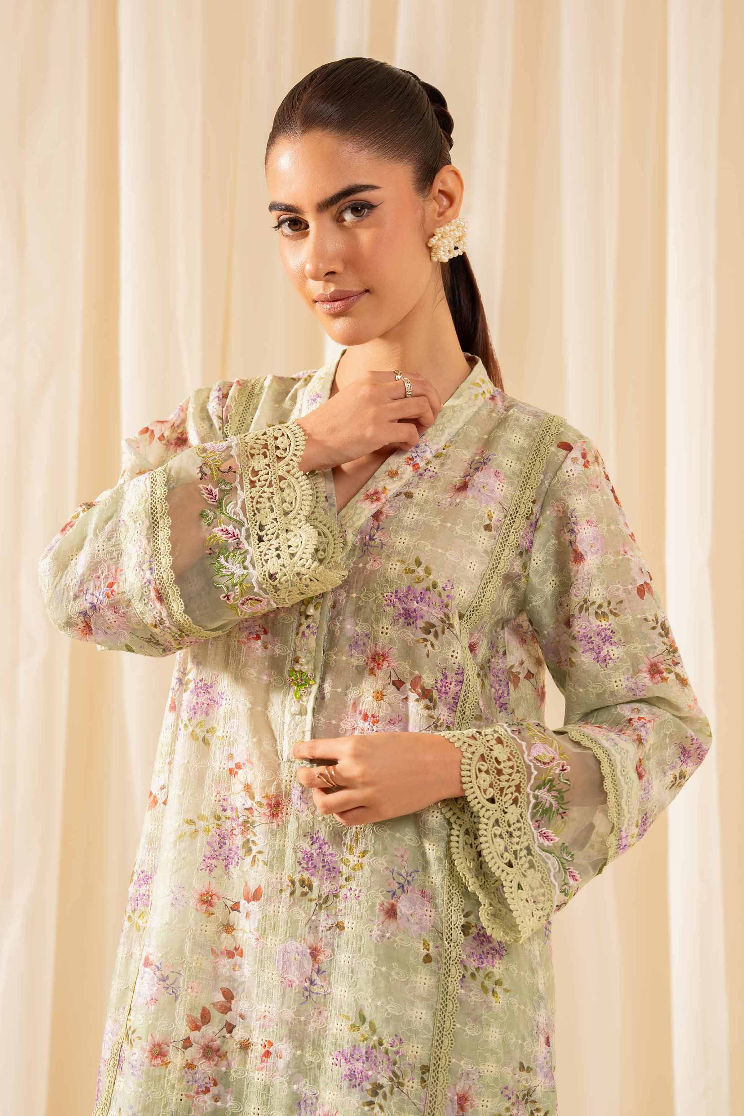 2 Piece - Printed Embroidered Suit - PFE25-34 READY TO WEAR Green Silk 2PC Embroidered