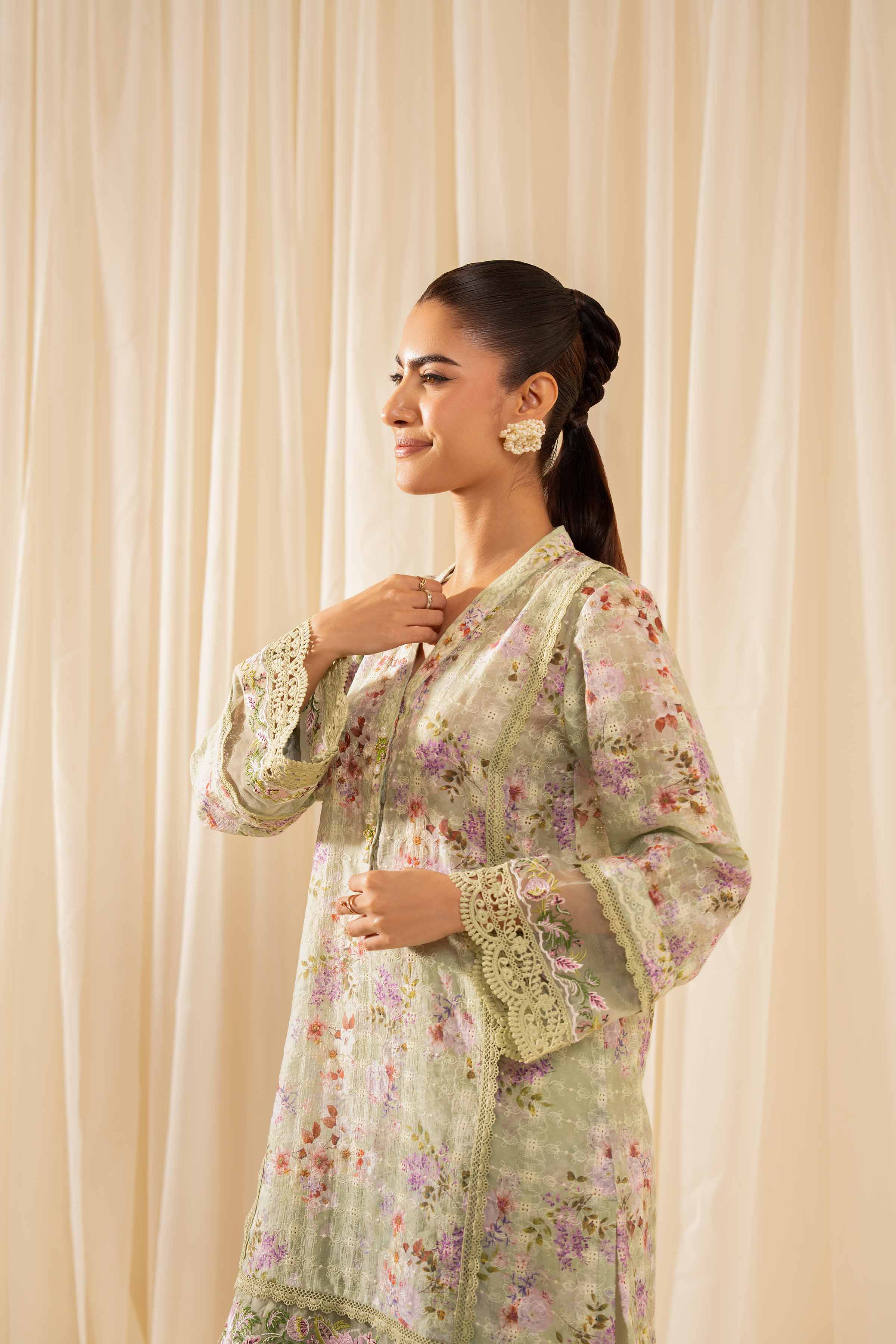 2 Piece - Printed Embroidered Suit - PFE25-34 READY TO WEAR Green Silk 2PC Embroidered