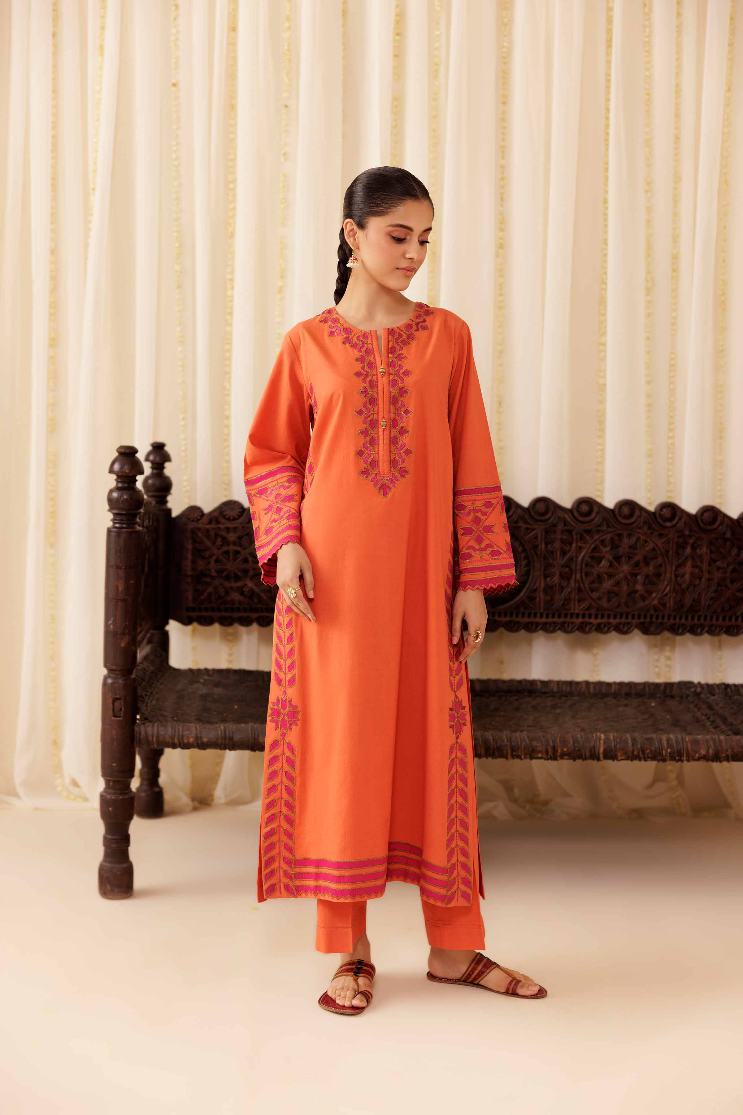 2 Piece - Embroidered Suit - PFE25-43 READY TO WEAR Orange Cambric 2PC Embroidered
