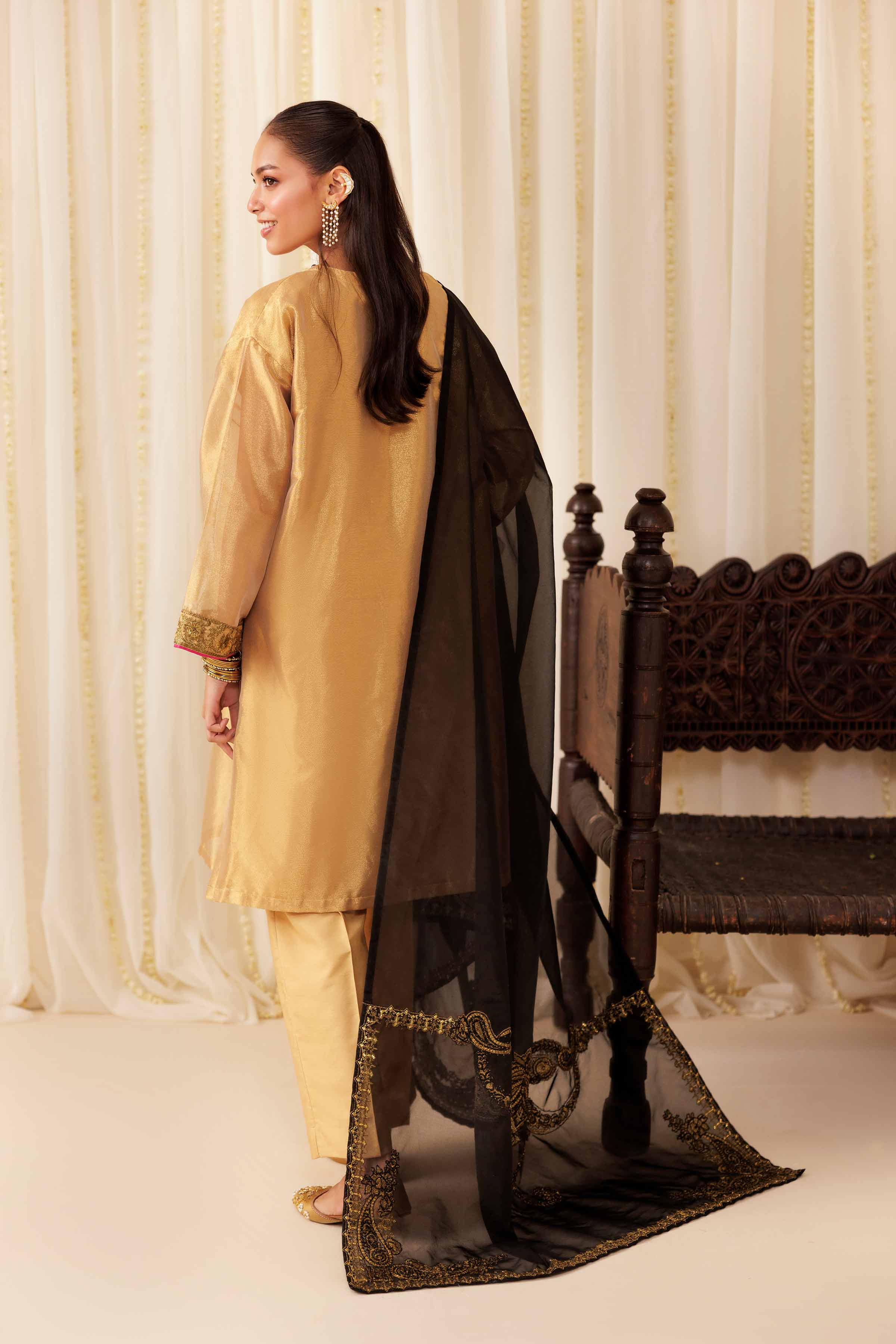 3 Piece - Embroidered Suit - PFE25-49 READY TO WEAR Yellow Silk 3 Pieces Embroidered