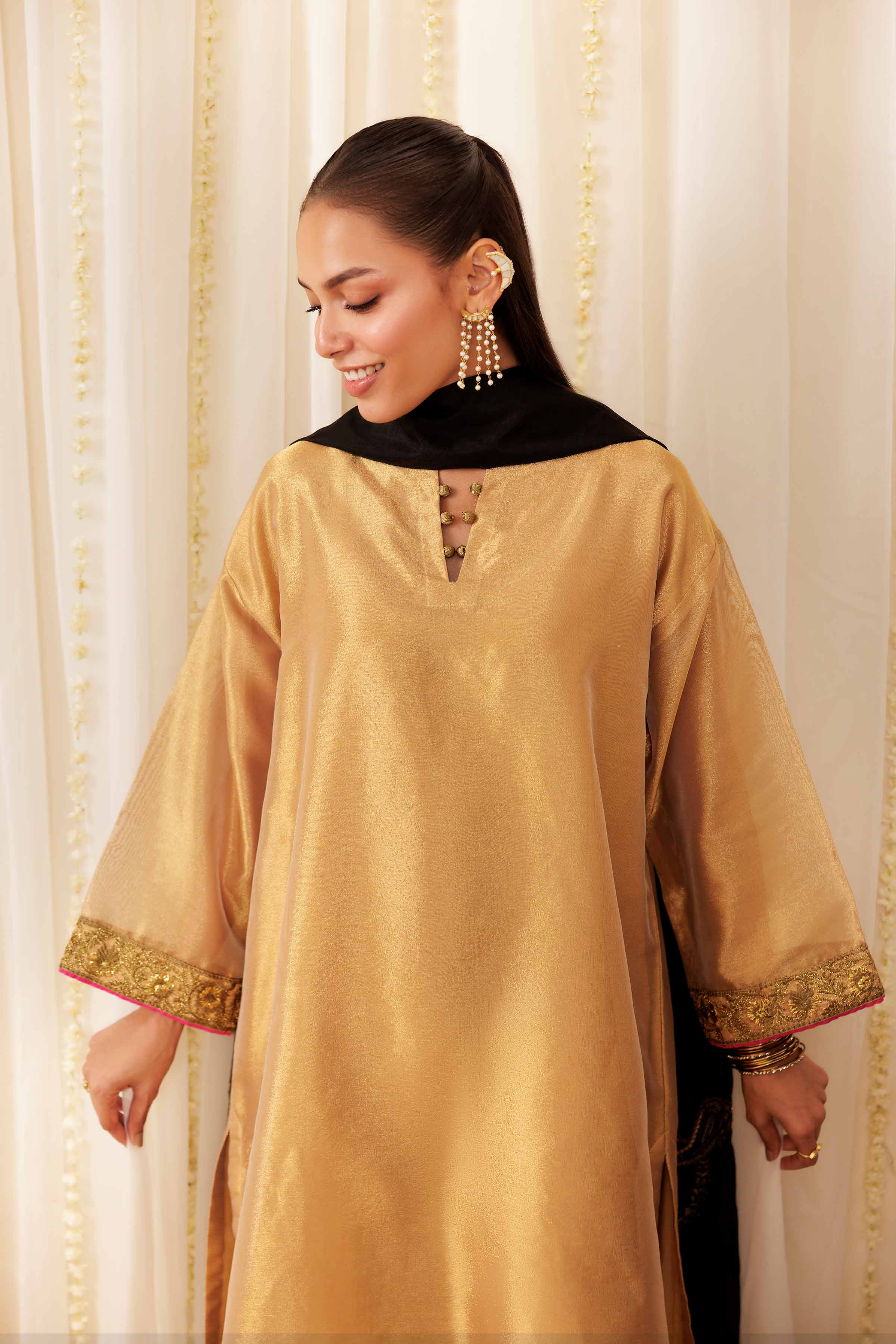3 Piece - Embroidered Suit - PFE25-49 READY TO WEAR Yellow Silk 3 Pieces Embroidered