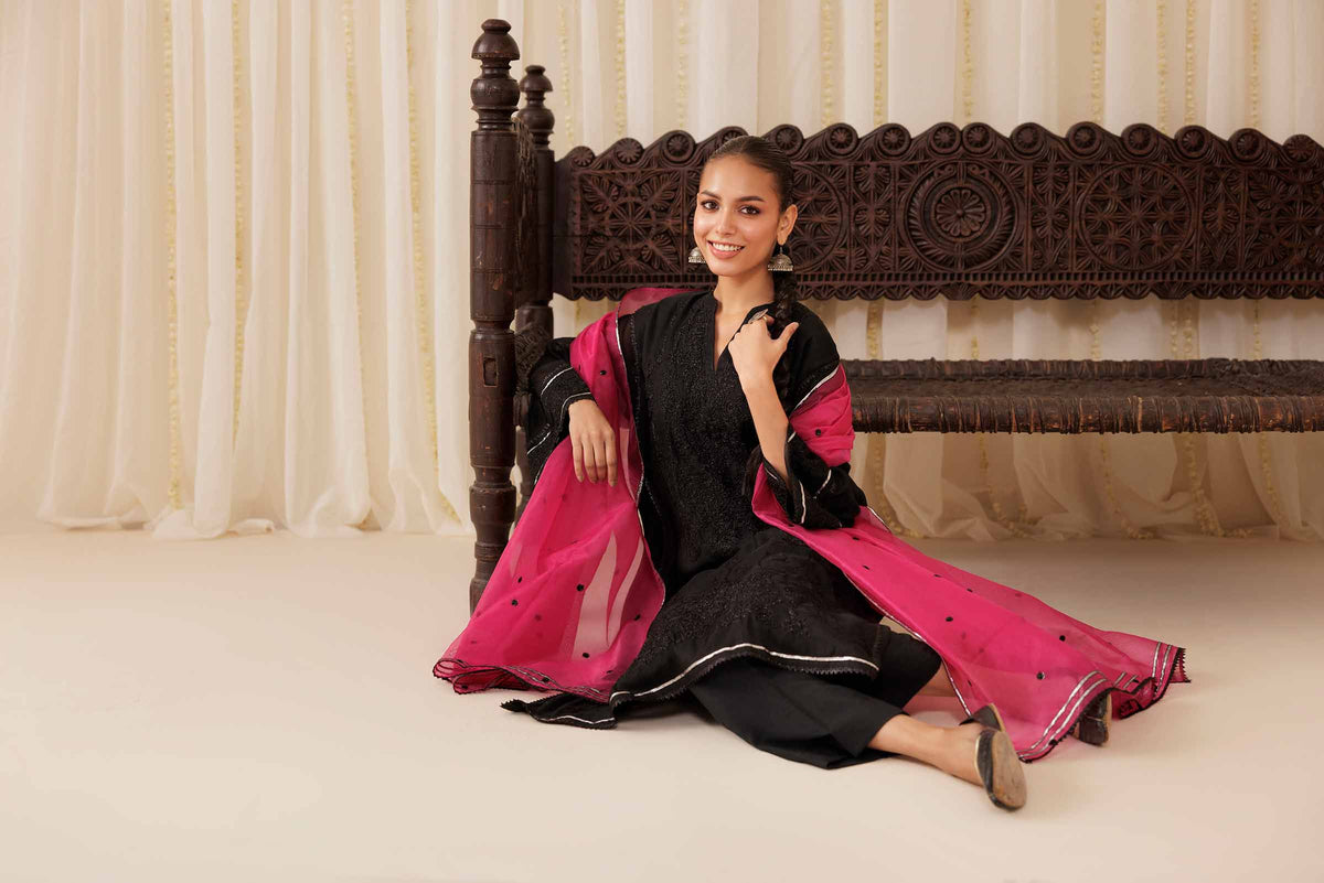 3 Piece - Embroidered Suit - PFE25-50 Black Cotton 3PC Embroidered Nishat Australia
