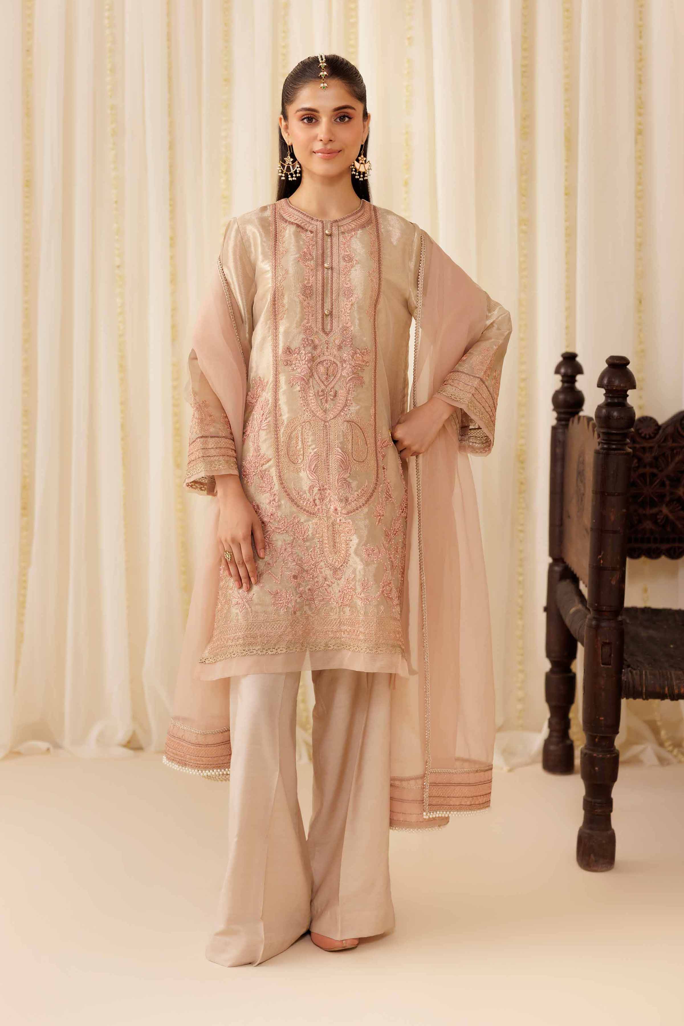 3 Piece - Embroidered Suit - PFE25-55 READY TO WEAR Red Silk 3 Pieces Embroidered