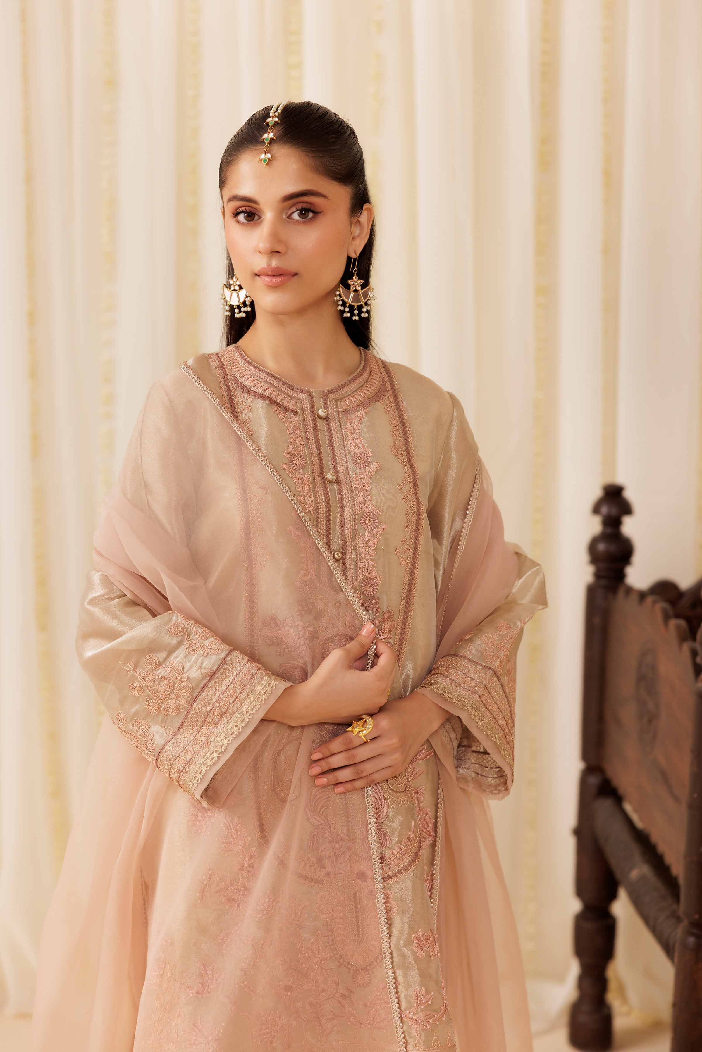 3 Piece - Embroidered Suit - PFE25-55 READY TO WEAR Red Silk 3 Pieces Embroidered