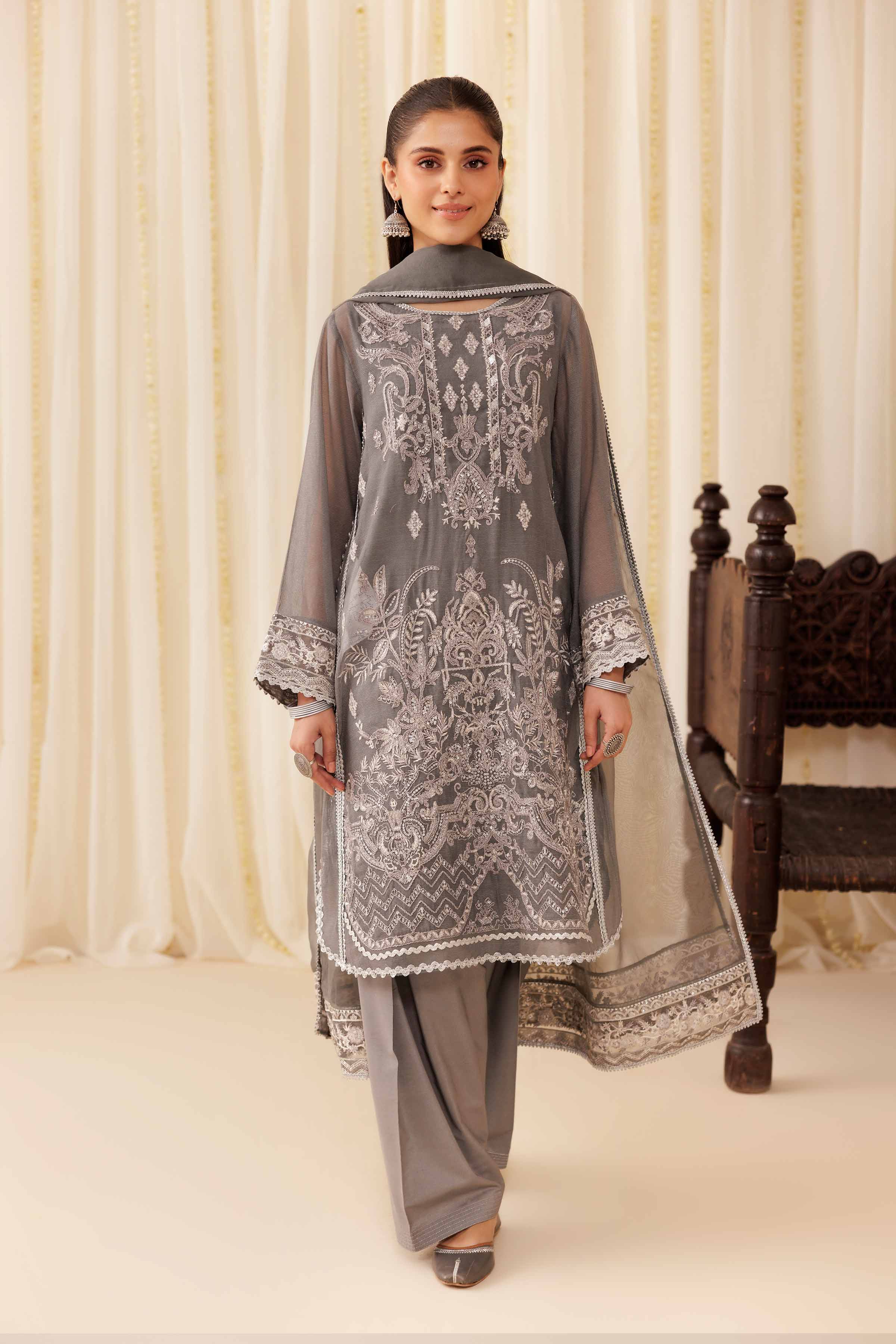 3 Piece - Embroidered Suit - PFE25-56 READY TO WEAR Grey Cotton 3 Pieces Embroidered