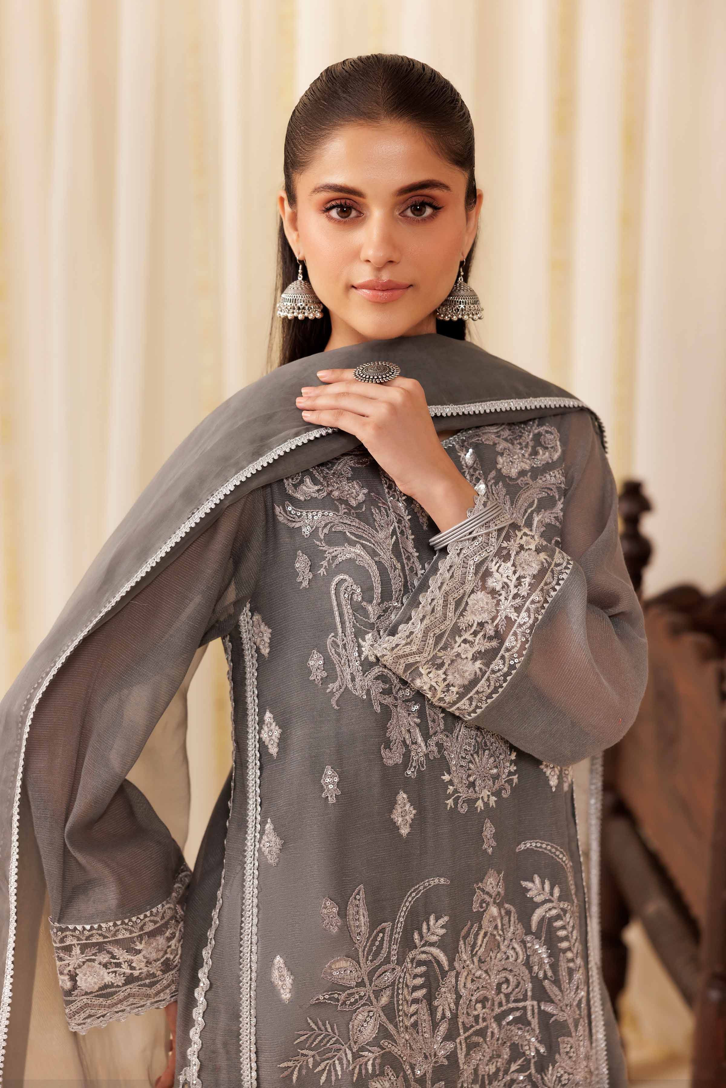 3 Piece - Embroidered Suit - PFE25-56 READY TO WEAR Grey Cotton 3 Pieces Embroidered
