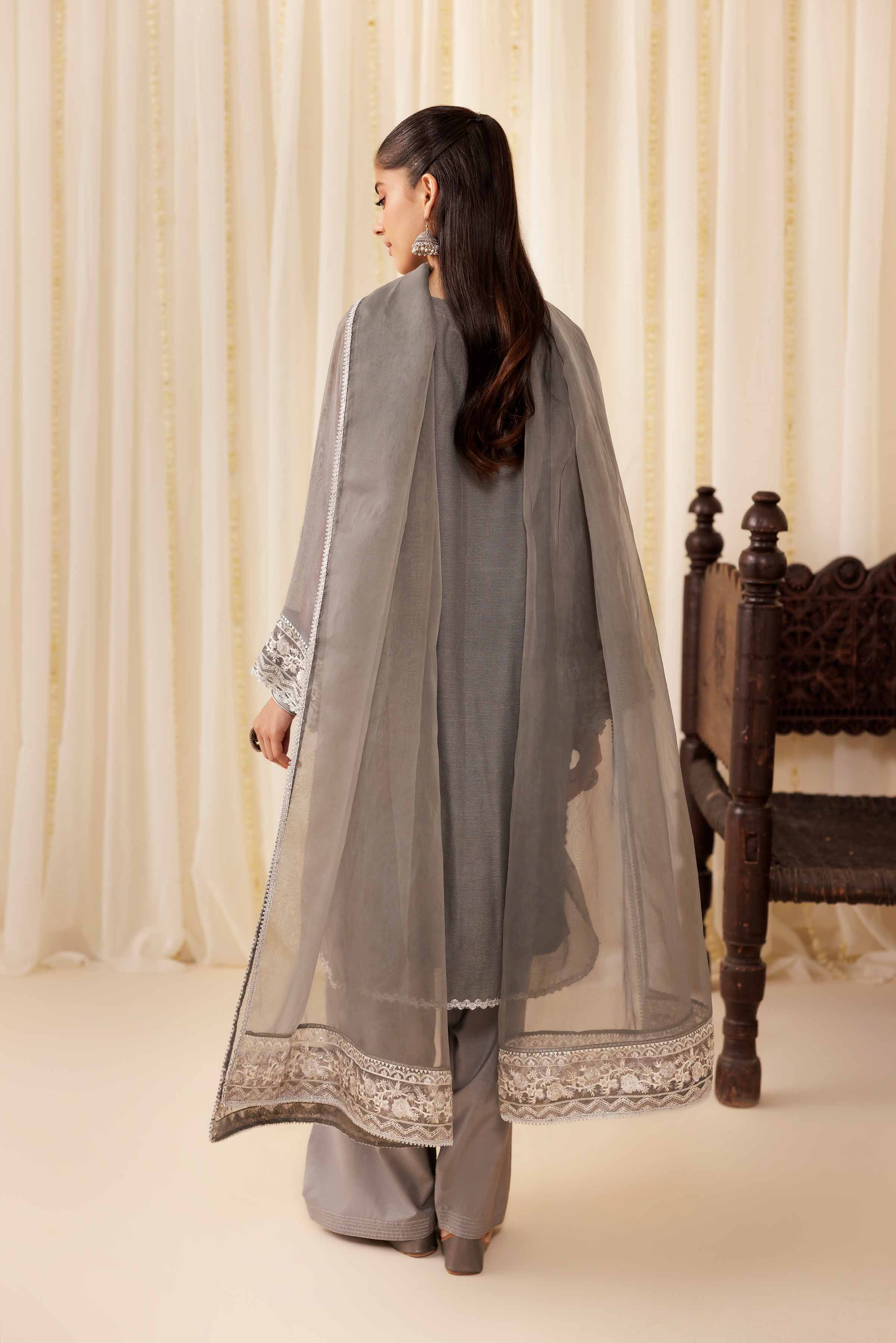 3 Piece - Embroidered Suit - PFE25-56 READY TO WEAR Grey Cotton 3 Pieces Embroidered