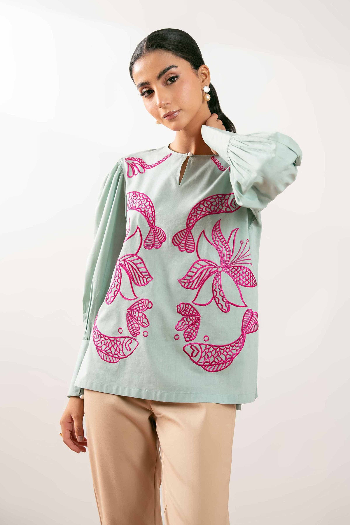 Embroidered Tunic - PS25-109 Green Cambric 1PC Embroidered Nishat Australia