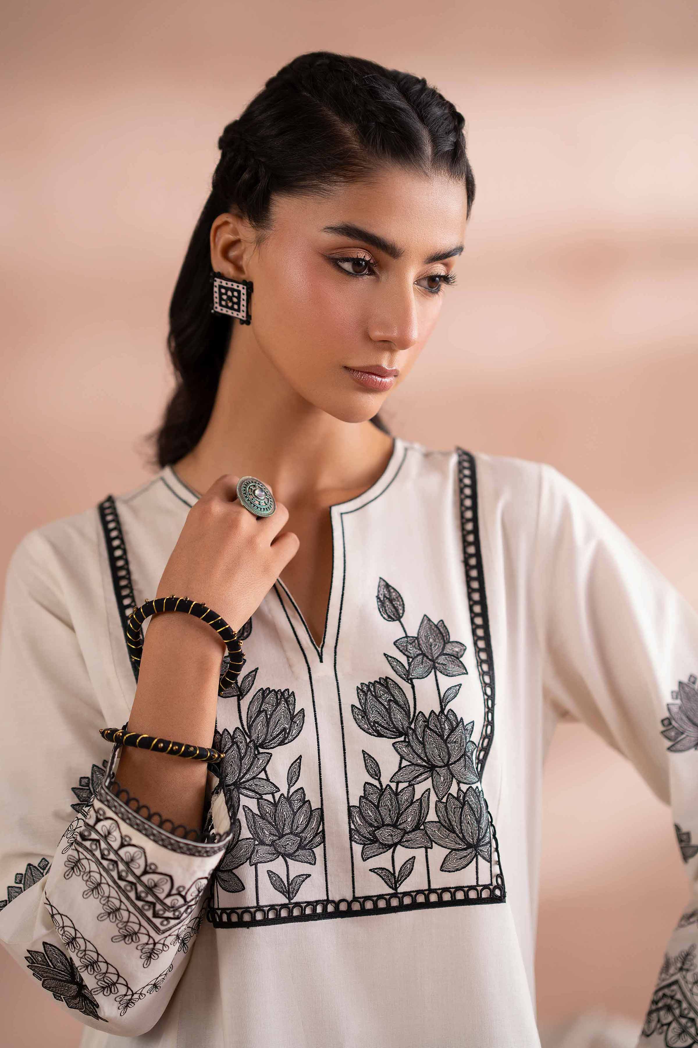 2 Piece - Embroidered Suit - PS25-128 READY TO WEAR White Cambric 2PC Embroidered