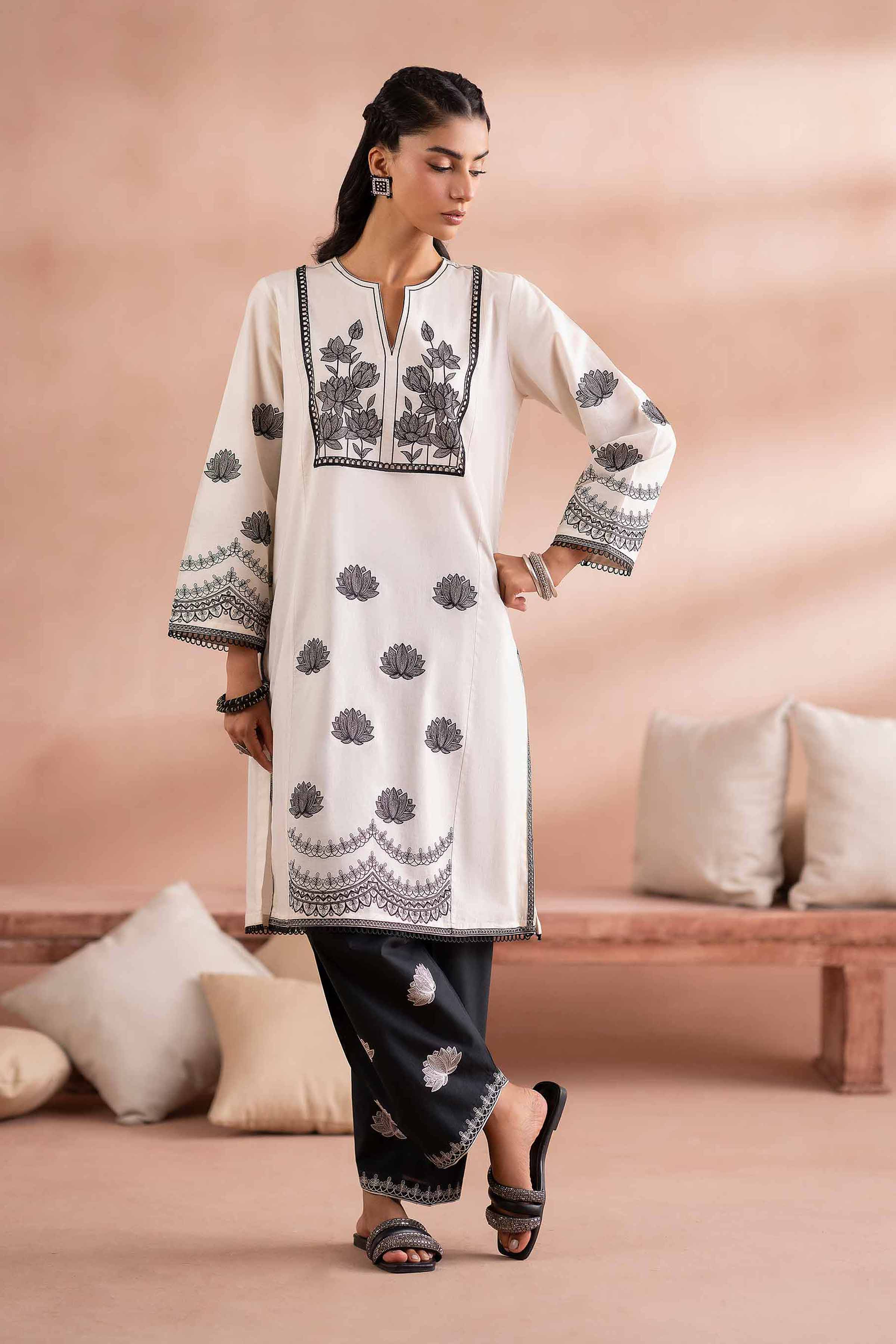 2 Piece - Embroidered Suit - PS25-128 READY TO WEAR White Cambric 2PC Embroidered