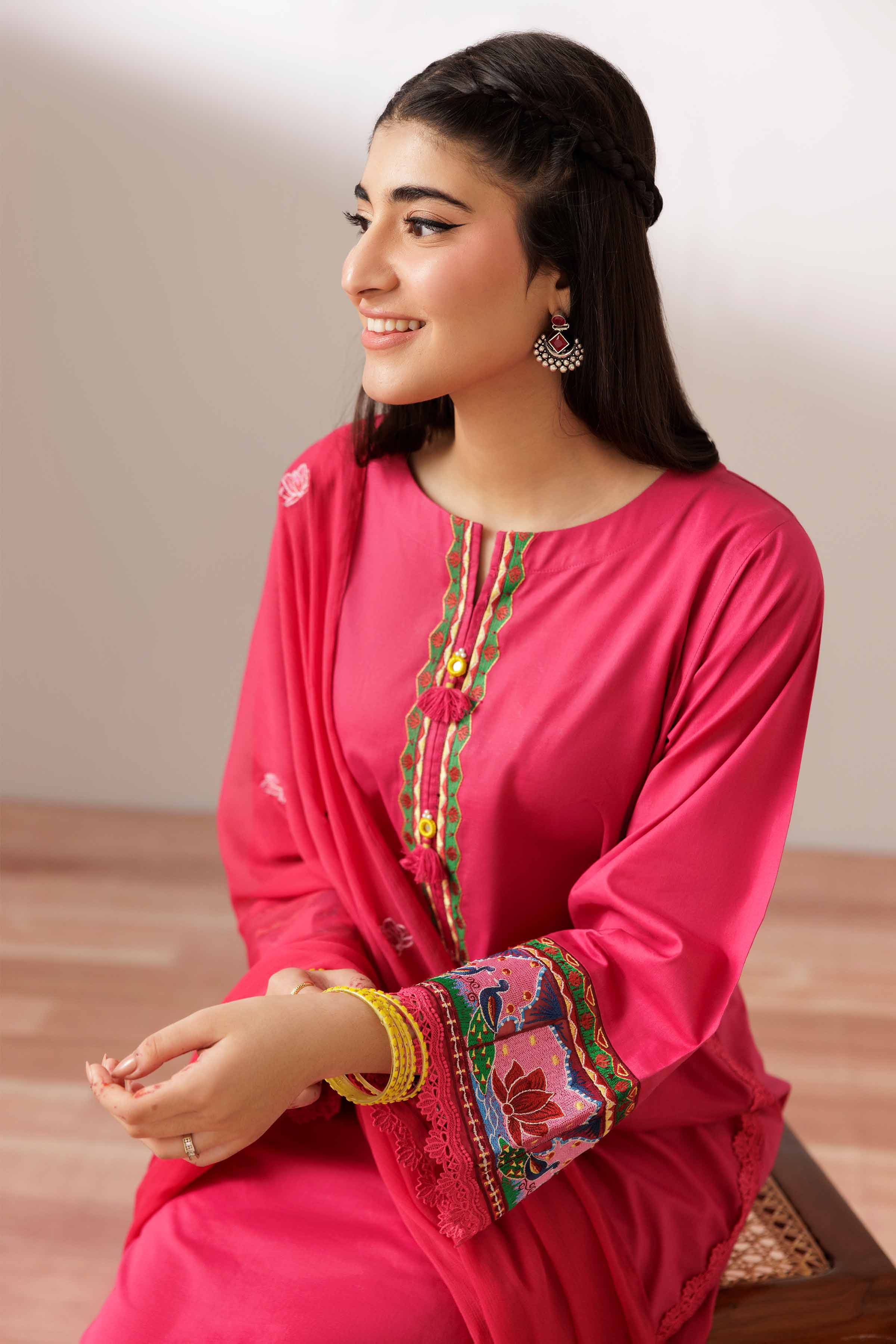 2 Piece - Embroidered Suit - PS25-191 READY TO WEAR Pink Cambric 2PC Embroidered