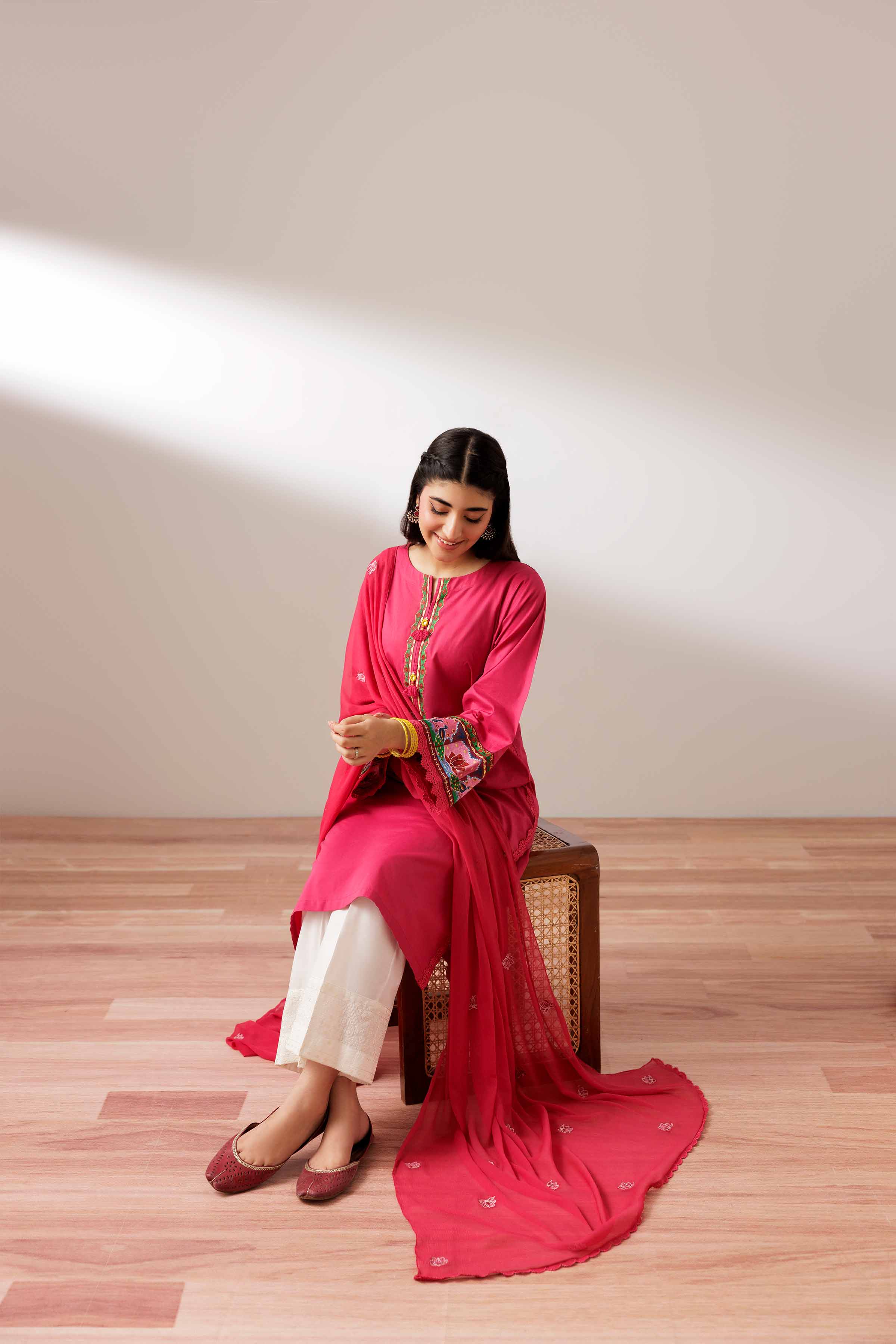 2 Piece - Embroidered Suit - PS25-191 READY TO WEAR Pink Cambric 2PC Embroidered