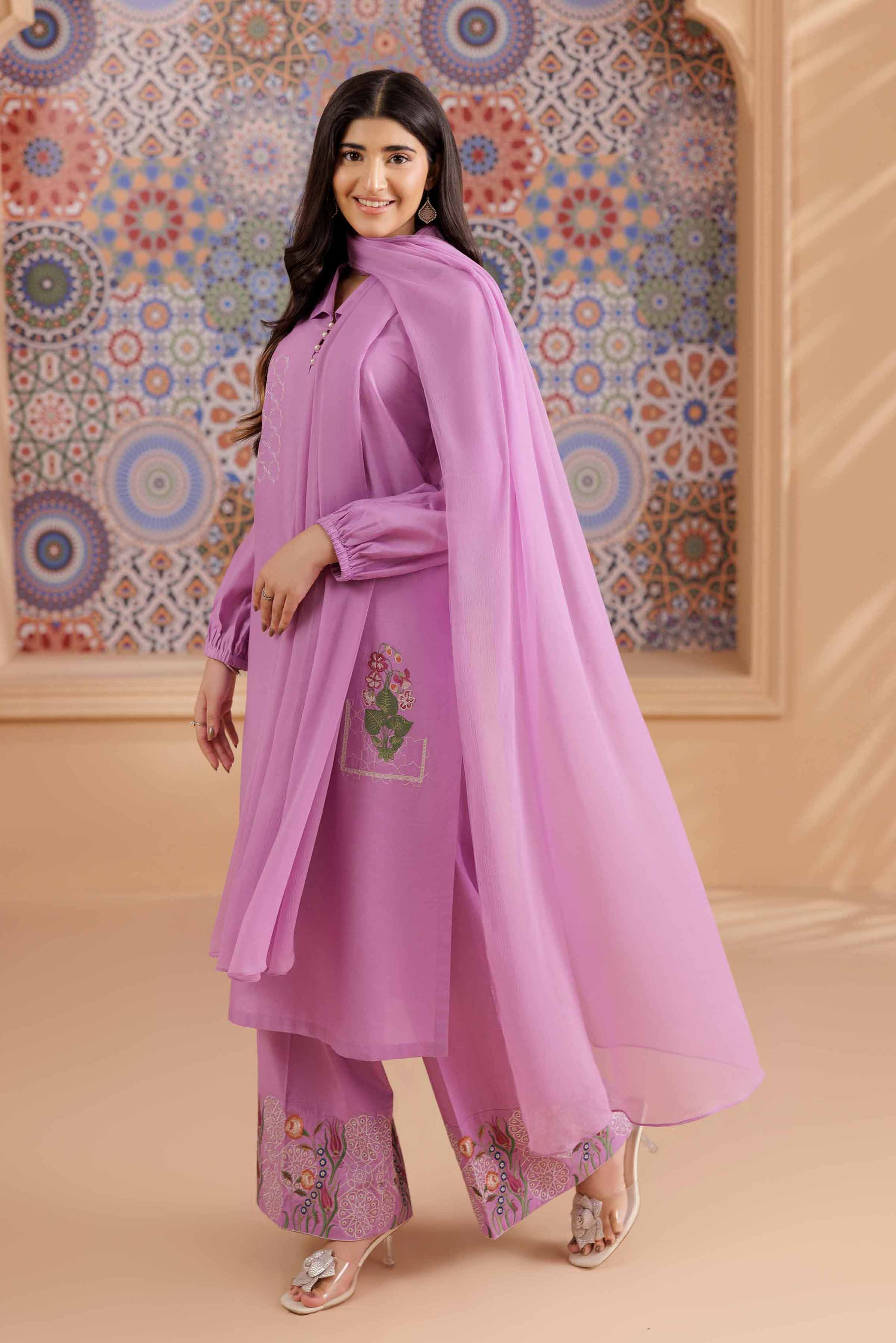 3 Piece - Embroidered Suit - PS25-197 READY TO WEAR Purple Cambric 3PC Embroidered