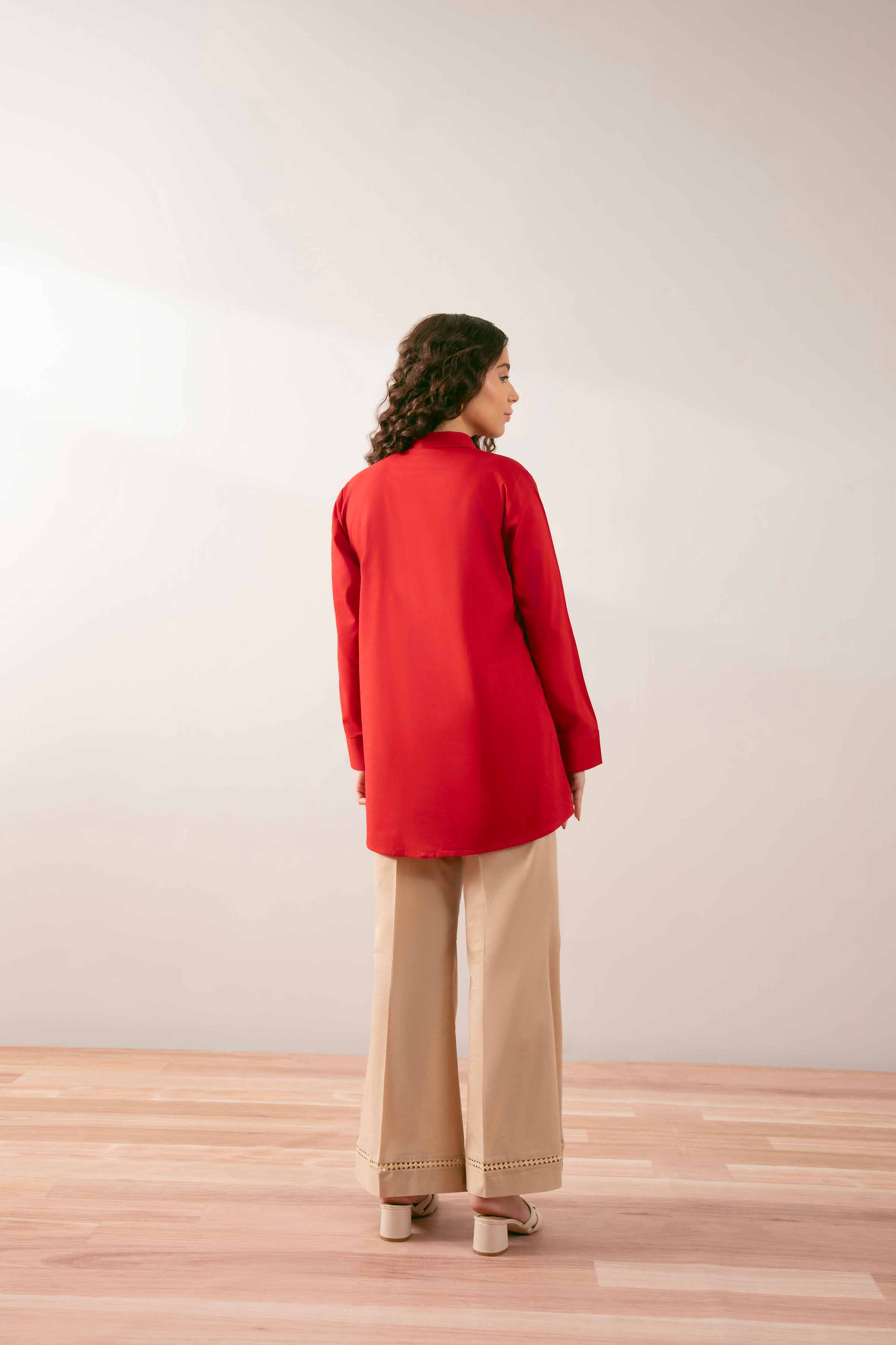 Embroidered Tunic - PS25-198 READY TO WEAR Red Cambric 1PC Embroidered