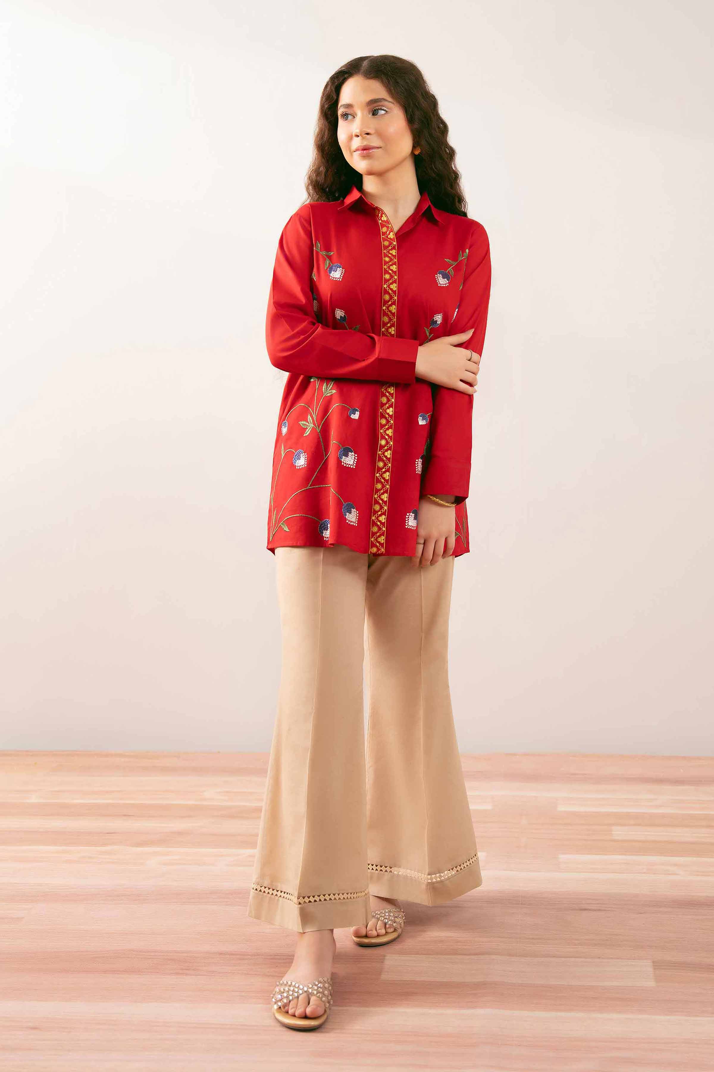 Embroidered Tunic - PS25-198 READY TO WEAR Red Cambric 1PC Embroidered