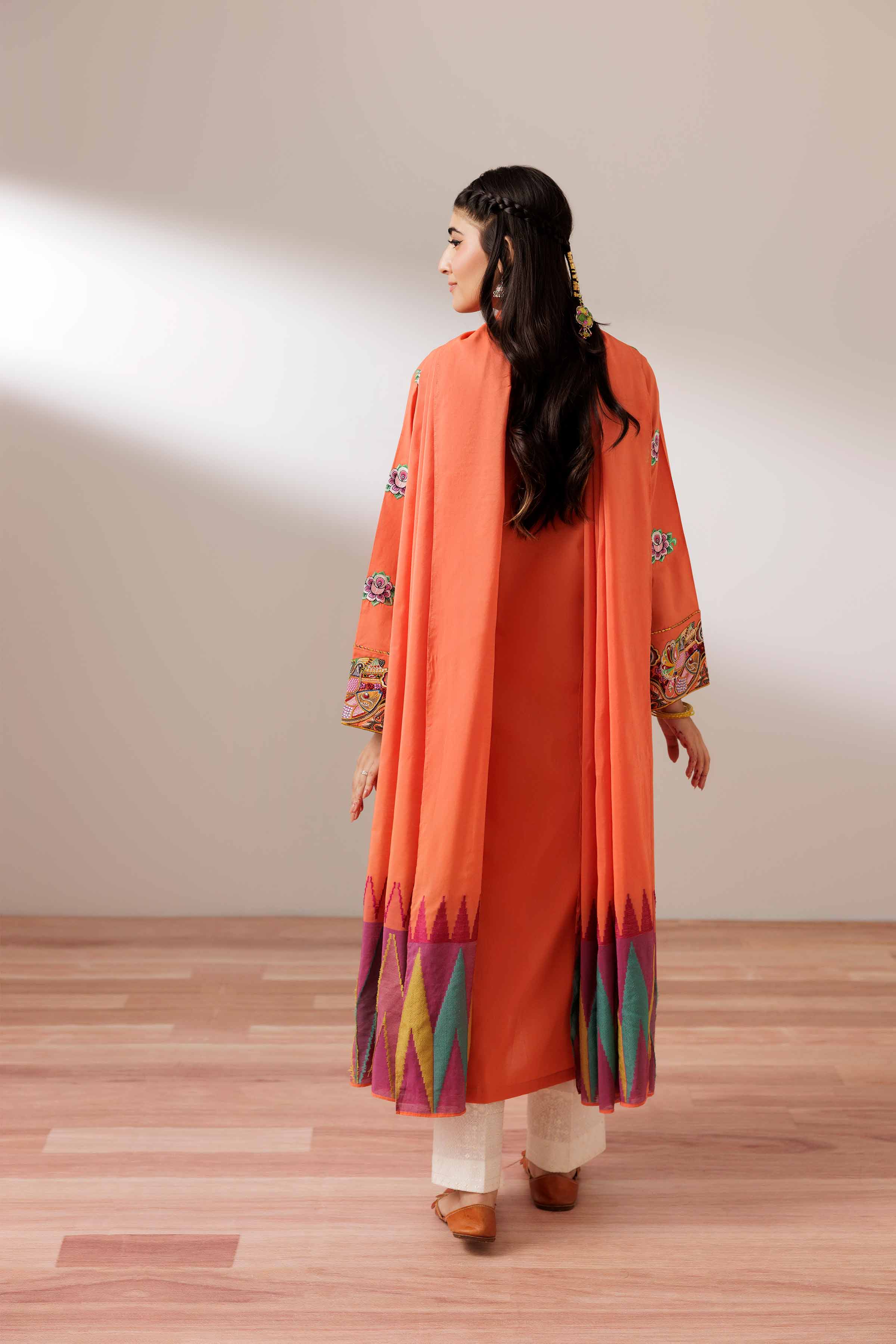 2 Piece - Embroidered Suit - PS25-199 READY TO WEAR Orange Cambric 2PC Embroidered