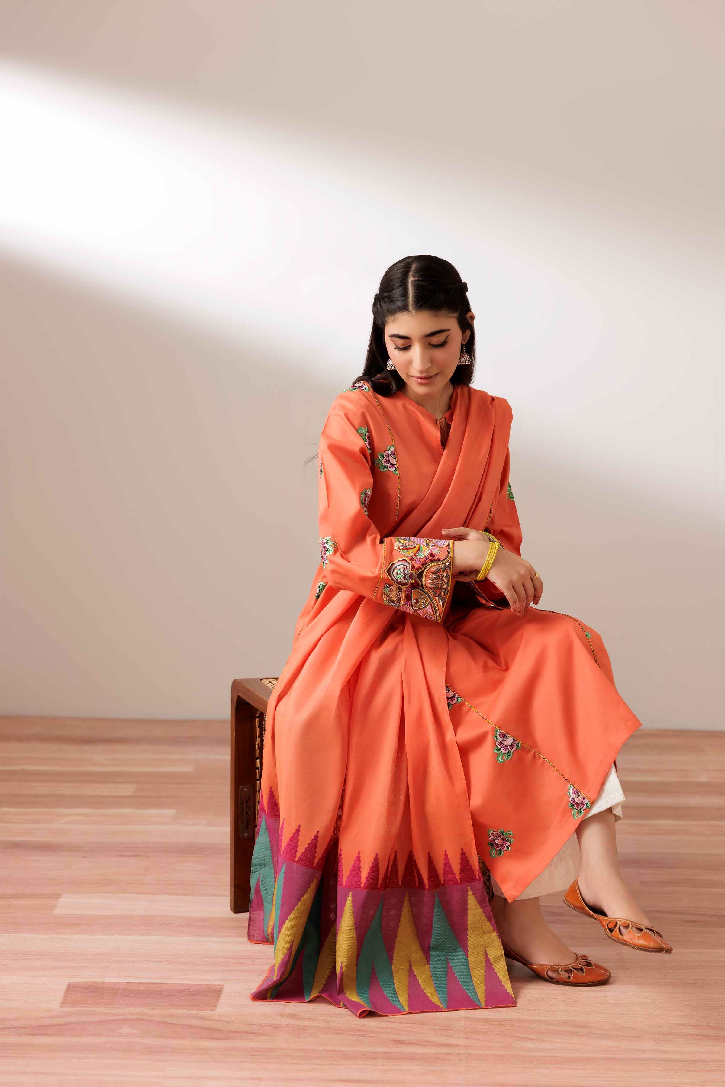 2 Piece - Embroidered Suit - PS25-199 READY TO WEAR Orange Cambric 2PC Embroidered
