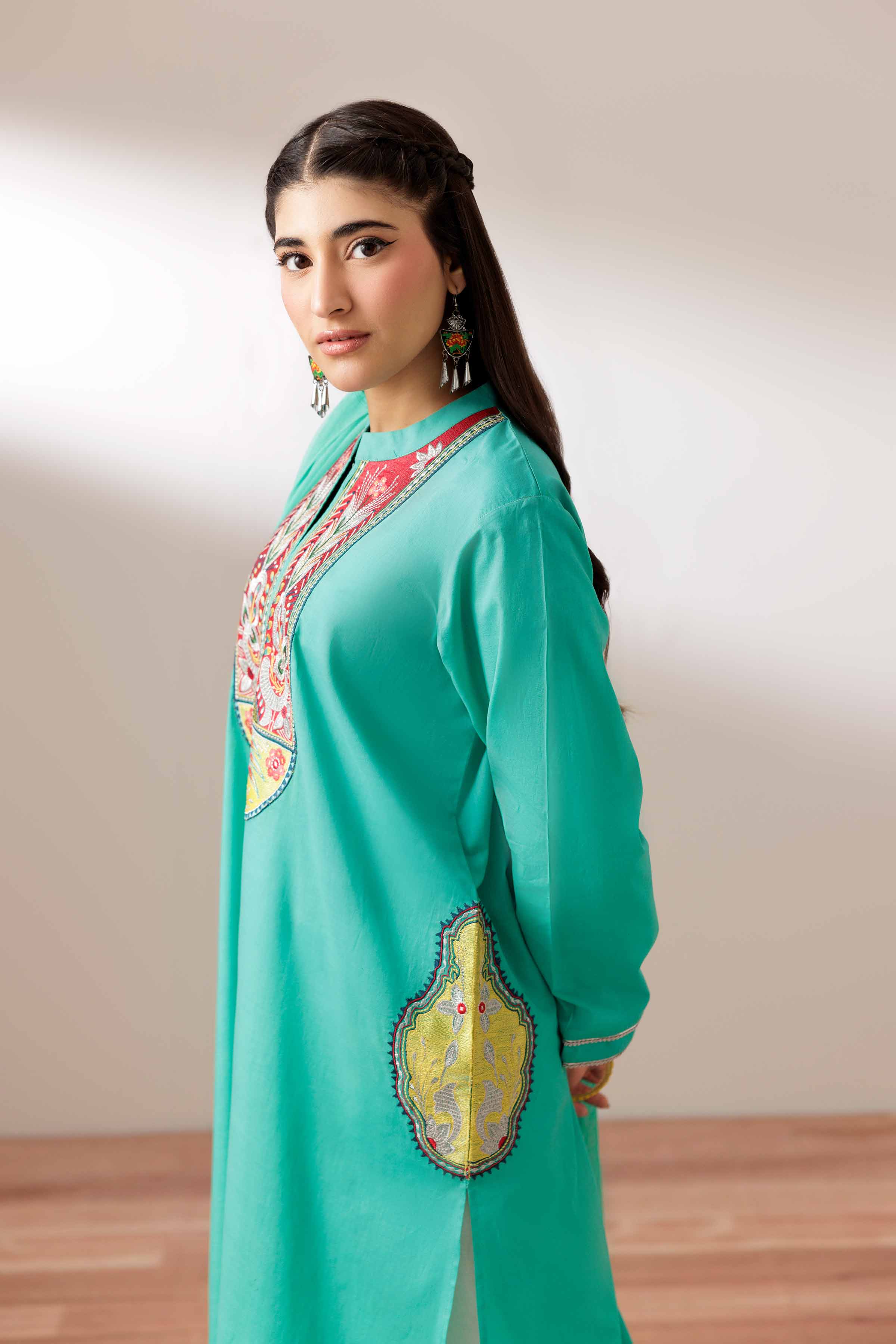 2 Piece - Embroidered Suit - PS25-203 READY TO WEAR Green Cambric 2 Pieces Embroidered