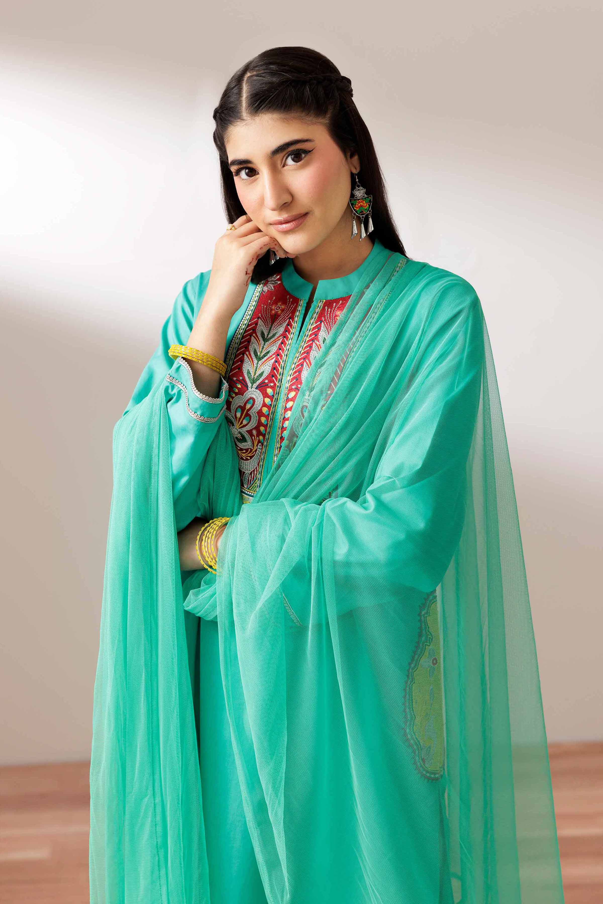 2 Piece - Embroidered Suit - PS25-203 READY TO WEAR Green Cambric 2 Pieces Embroidered