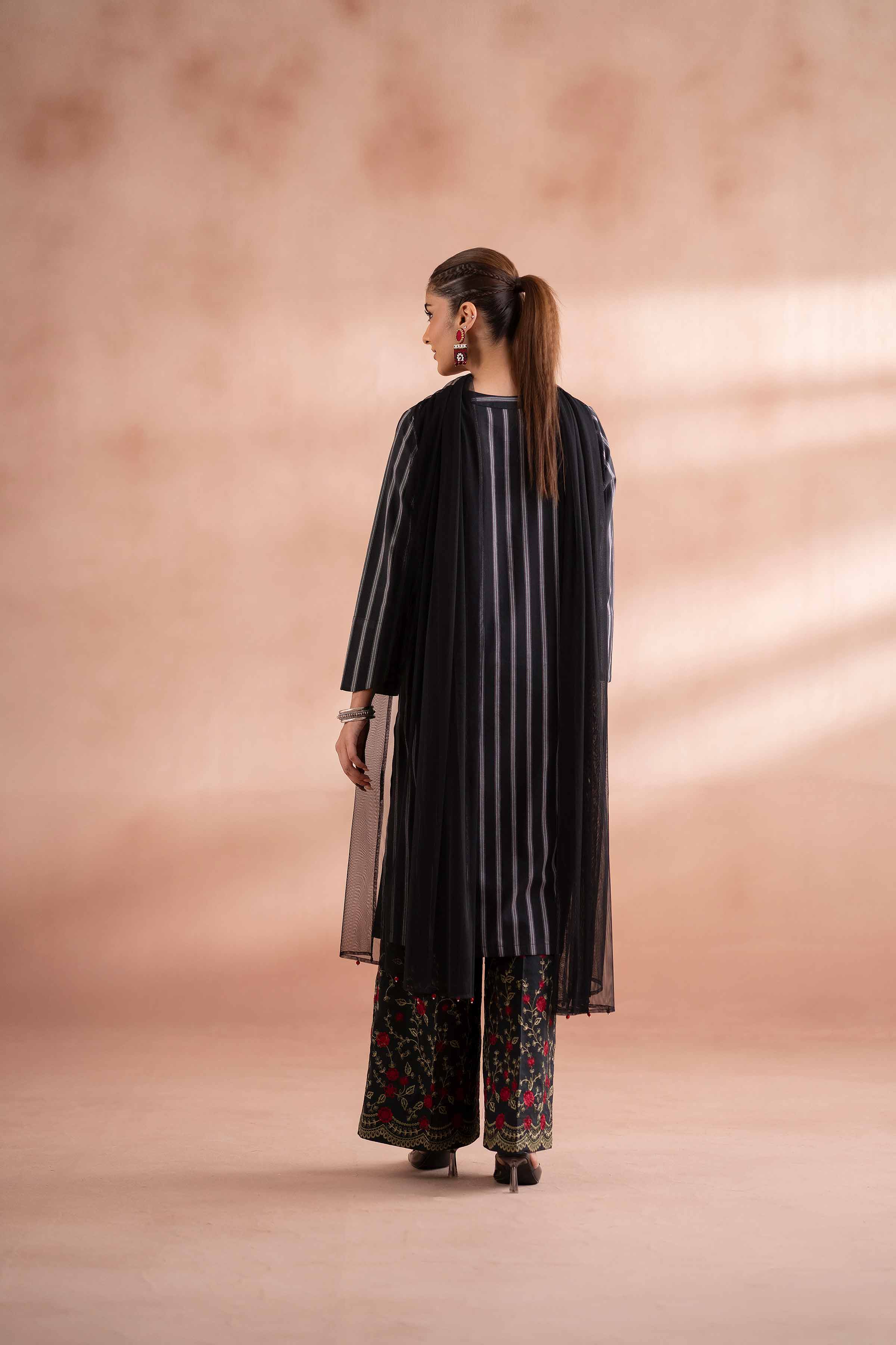 3 Piece - Embroidered Suit - PS25-214 READY TO WEAR Black Yarn Dyed 3PC Embroidered