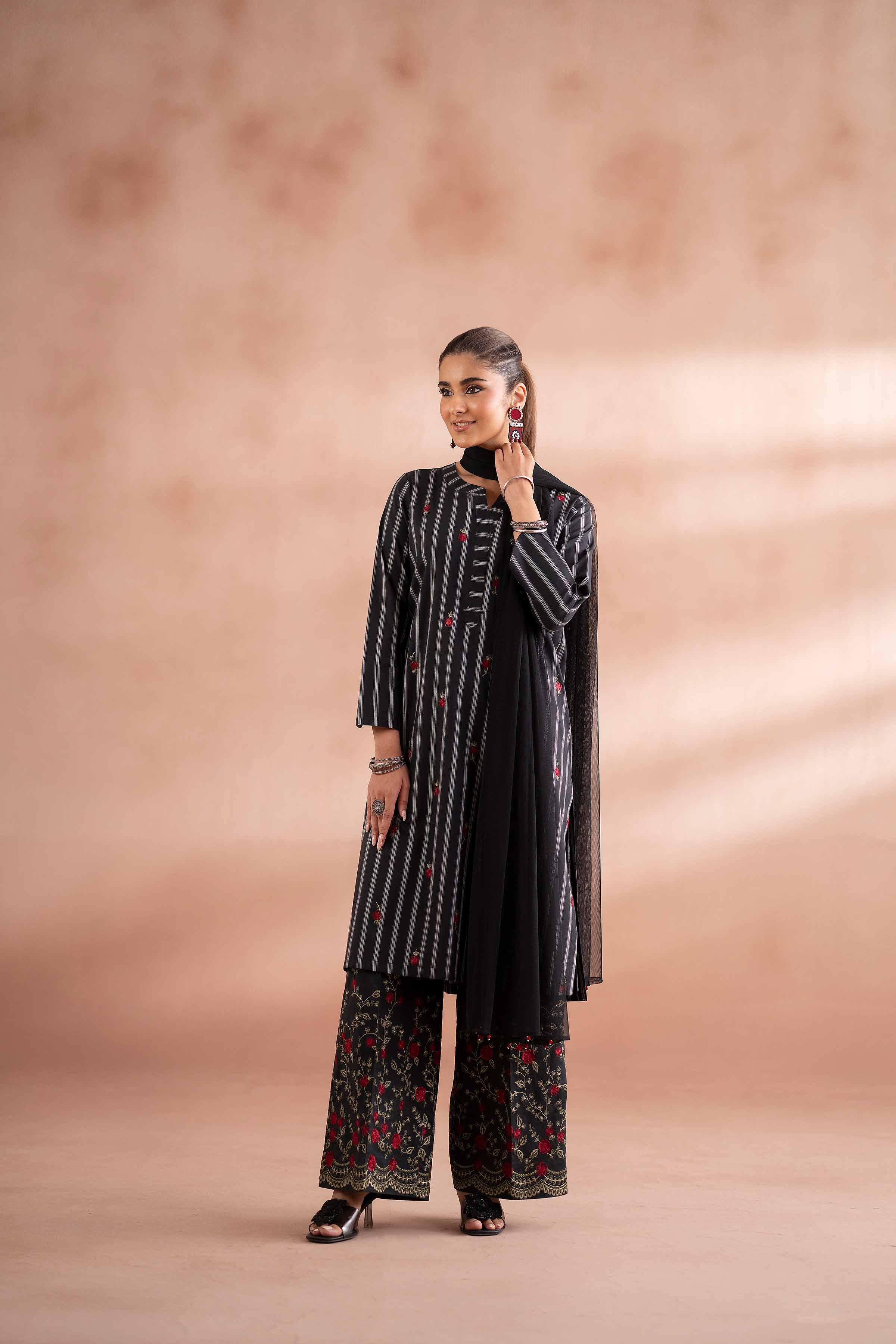 3 Piece - Embroidered Suit - PS25-214 READY TO WEAR Black Yarn Dyed 3PC Embroidered