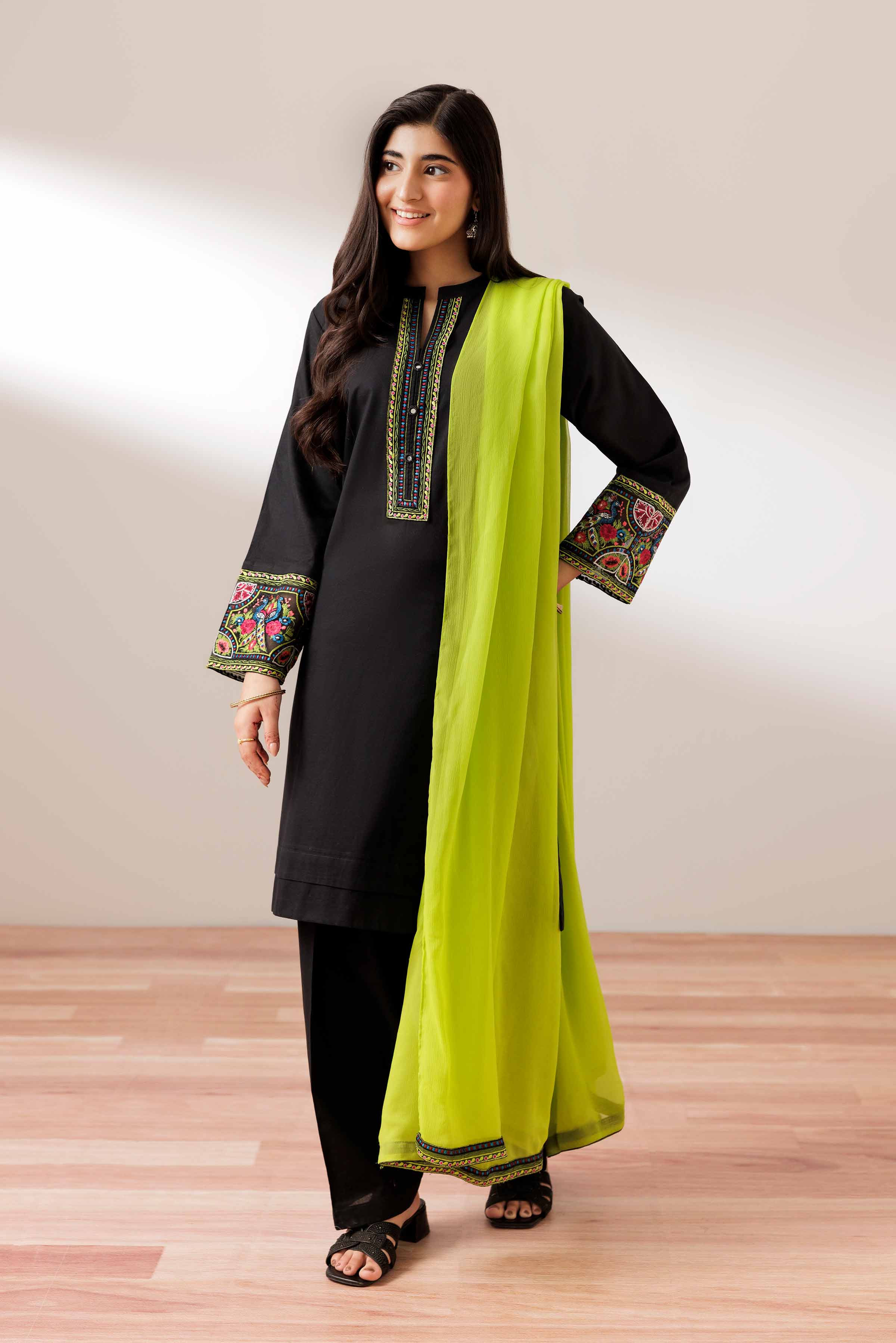 3 Piece - Embroidered Suit - PS25-257 READY TO WEAR Black Cambric 3PC Embroidered