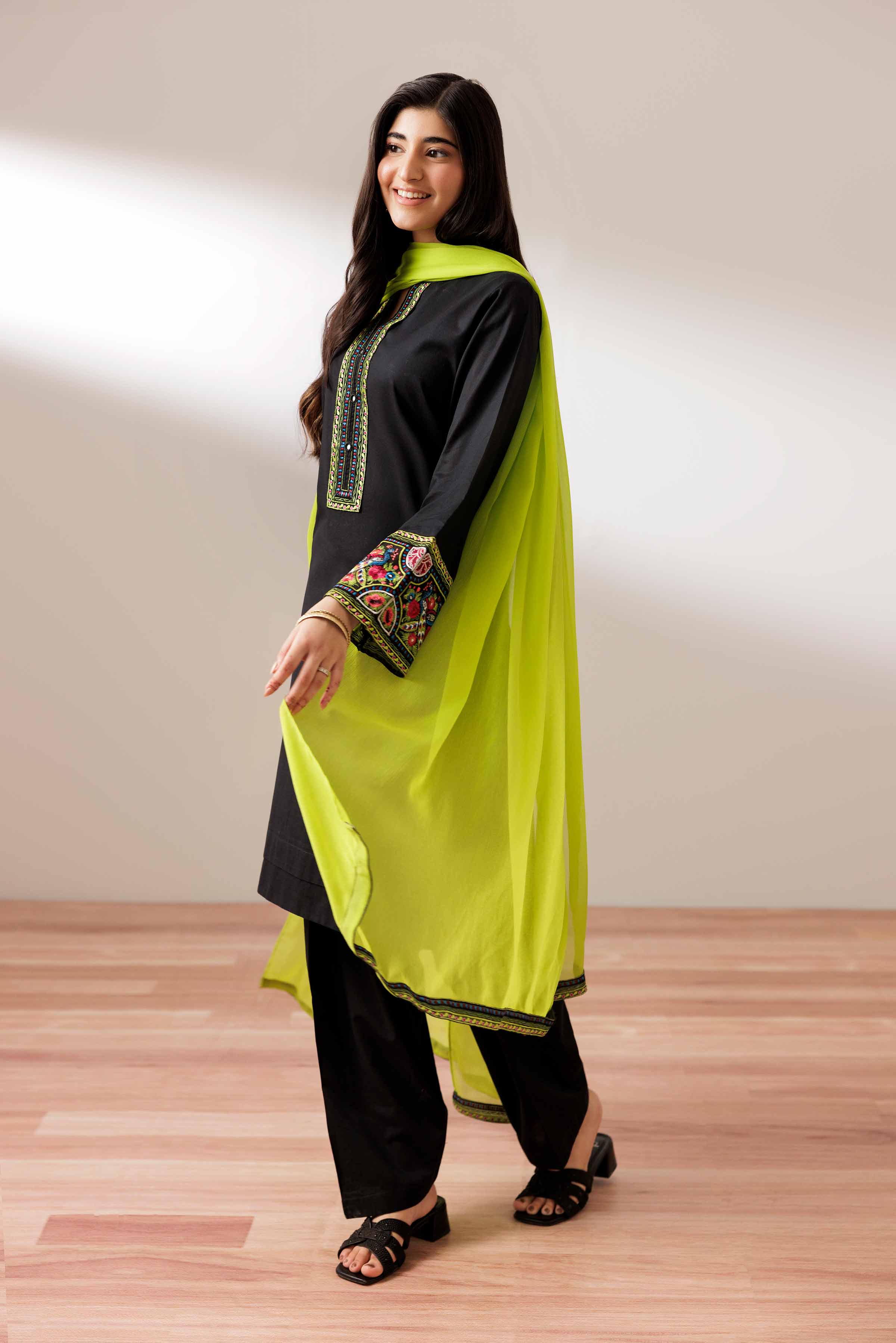 3 Piece - Embroidered Suit - PS25-257 READY TO WEAR Black Cambric 3PC Embroidered