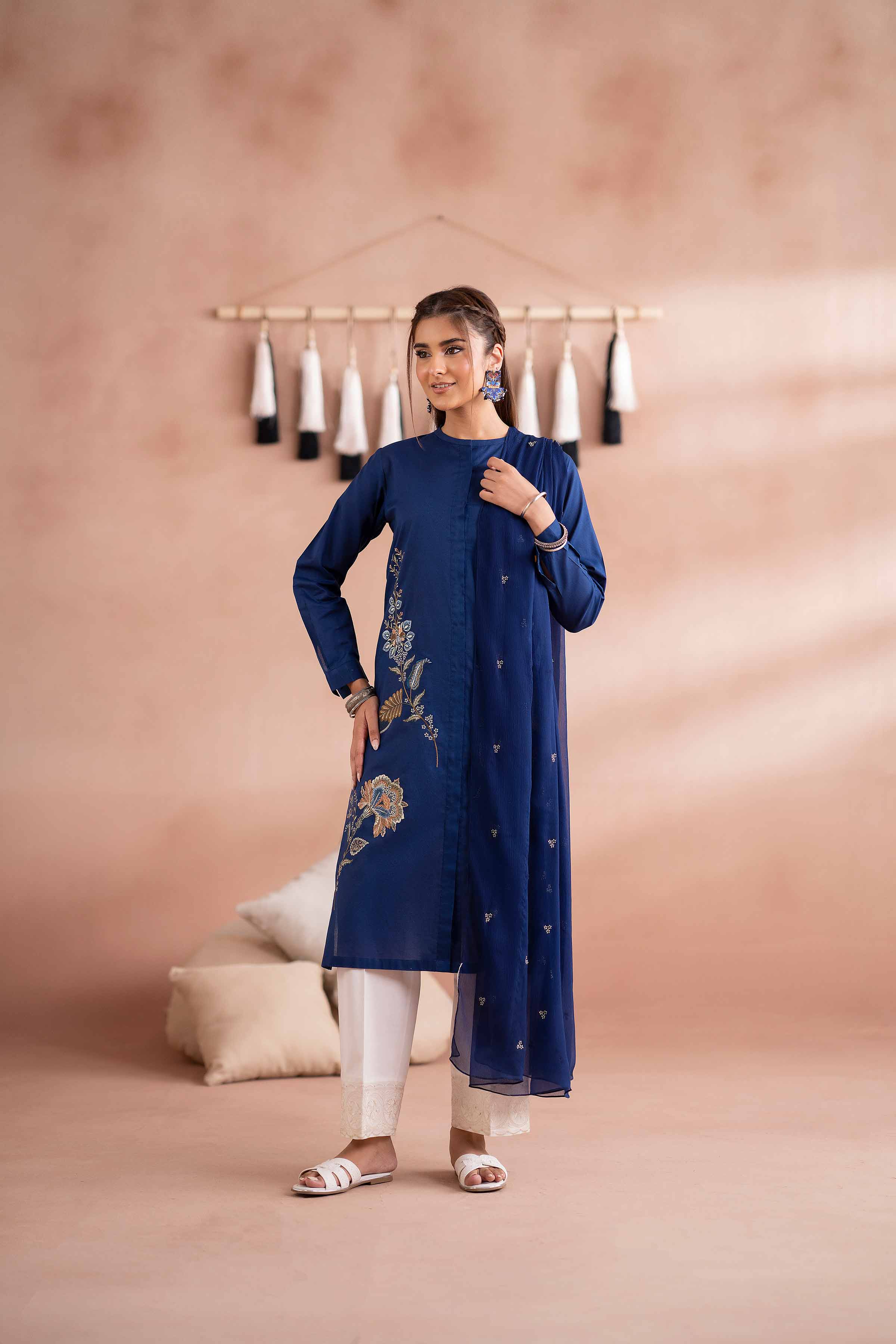 Embroidered Shirt - PS25-265 READY TO WEAR Blue Cambric 1PC Embroidered