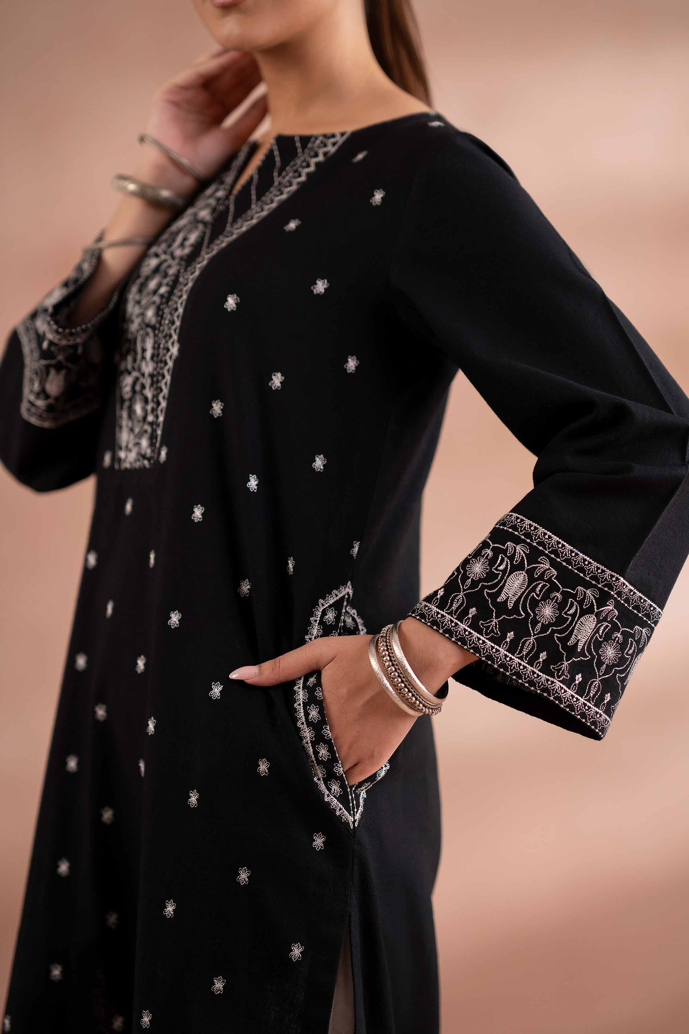 Embroidered Shirt - PS25-272 READY TO WEAR Black Yarn Dyed 1PC Embroidered