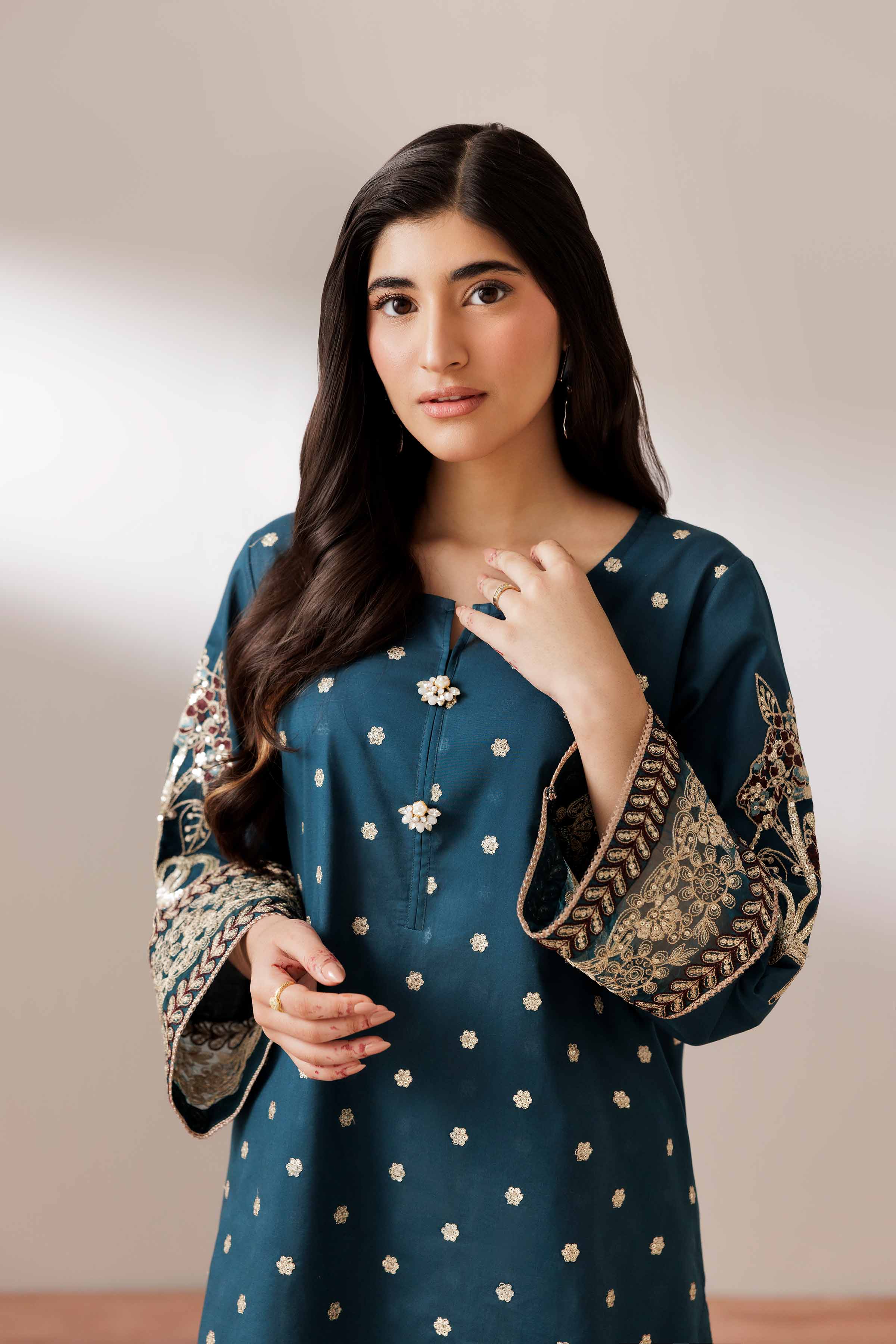 2 Piece - Embroidered Suit - PUS25-67 READY TO WEAR Blue Cambric 2PC Embroidered