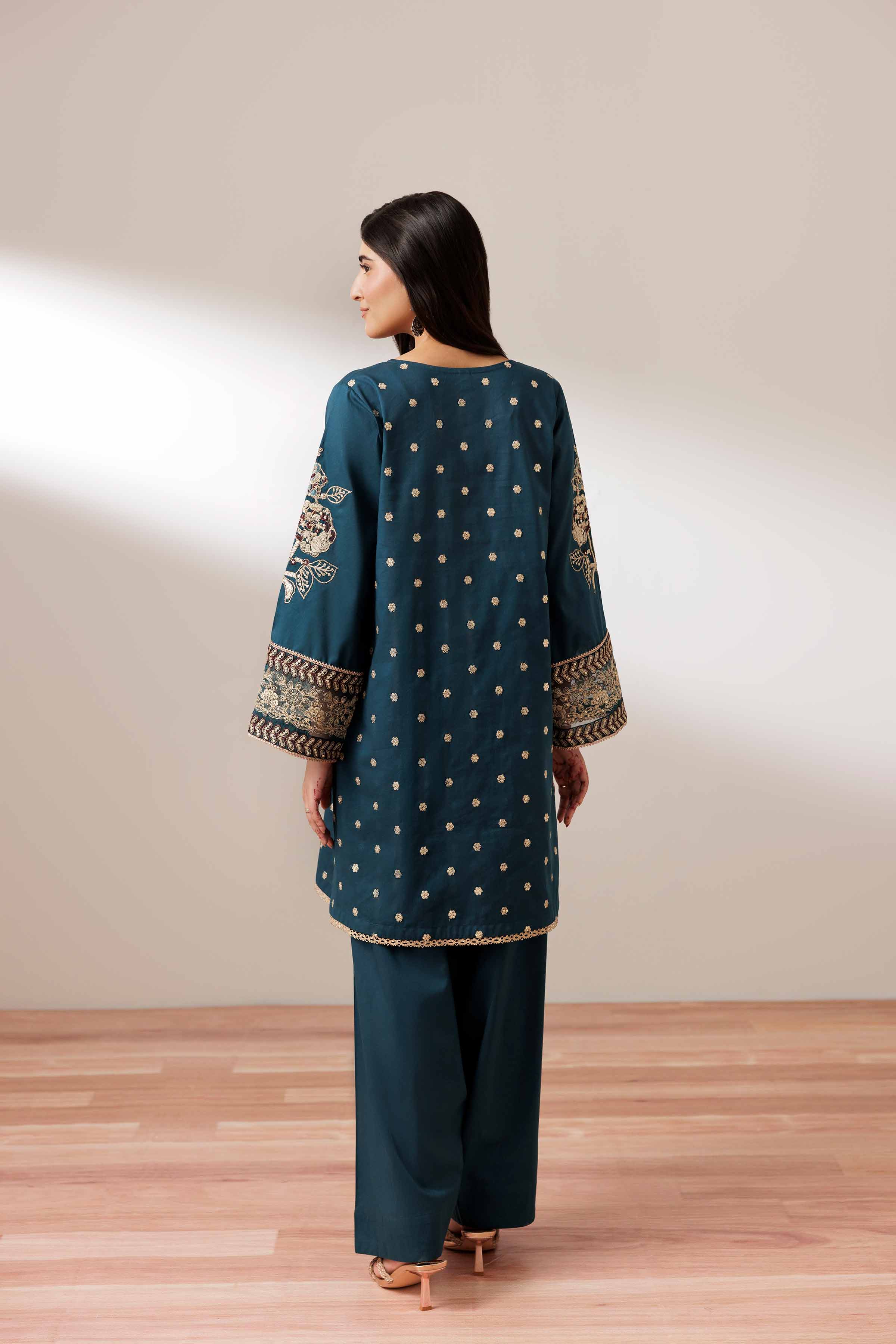 2 Piece - Embroidered Suit - PUS25-67 READY TO WEAR Blue Cambric 2PC Embroidered
