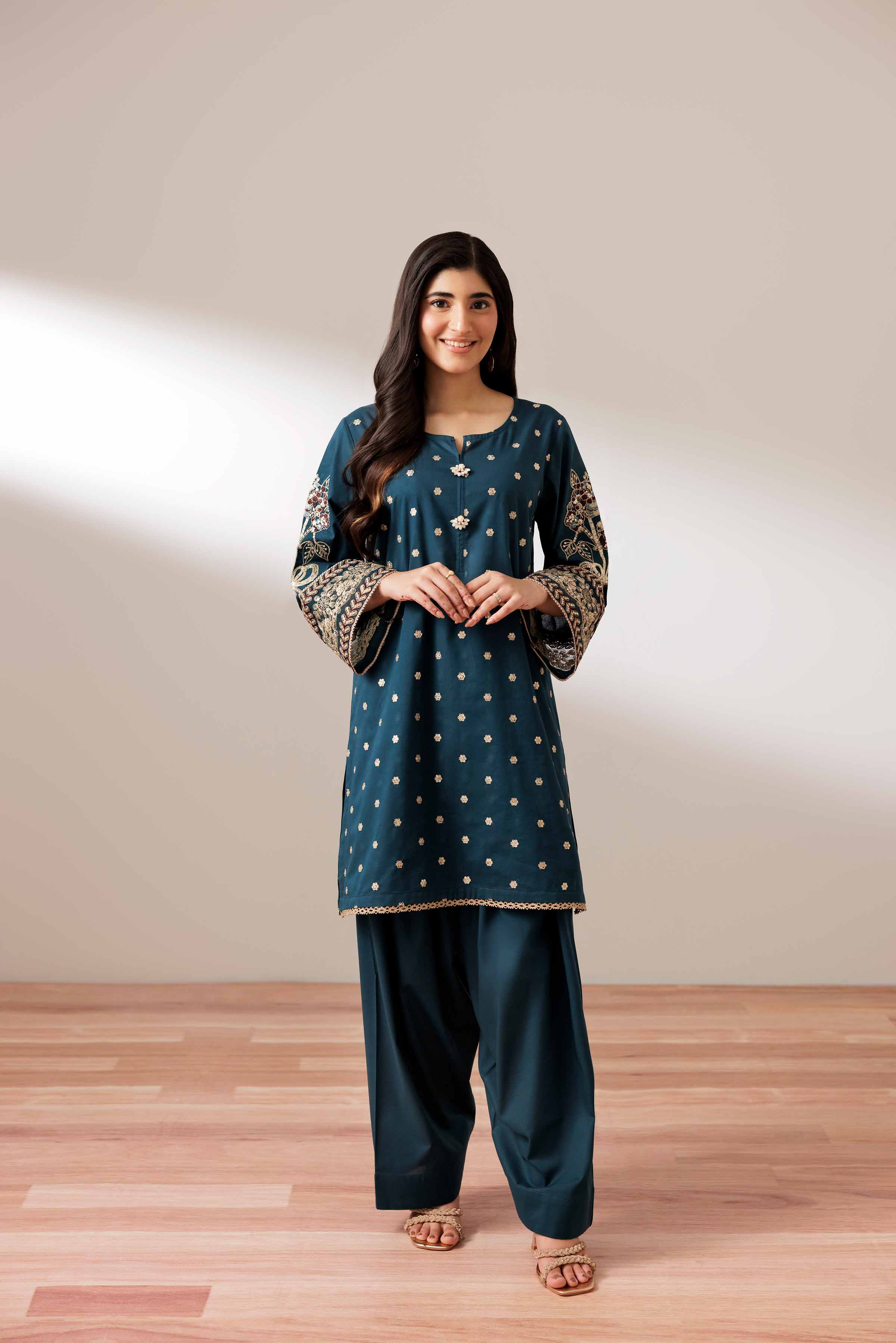 2 Piece - Embroidered Suit - PUS25-67 READY TO WEAR Blue Cambric 2PC Embroidered