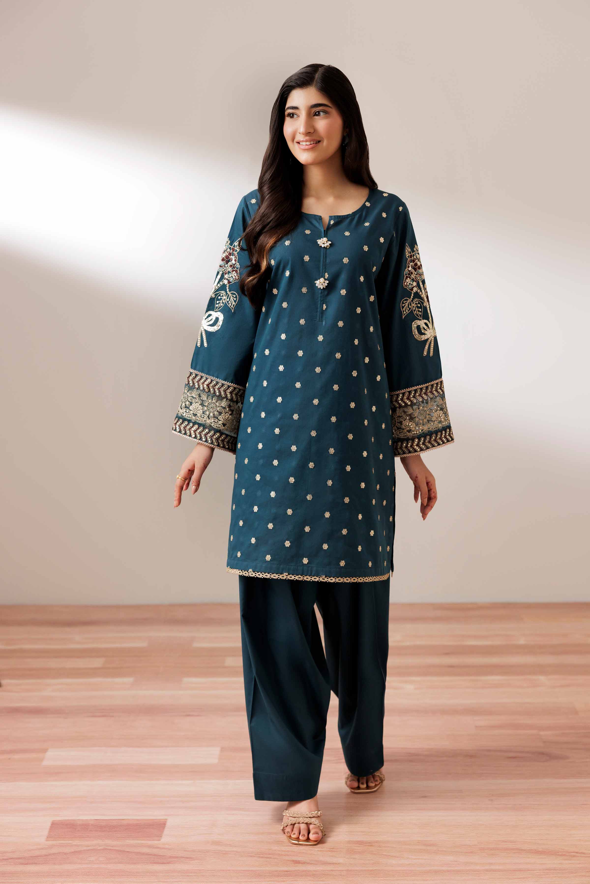 2 Piece - Embroidered Suit - PUS25-67 READY TO WEAR Blue Cambric 2PC Embroidered