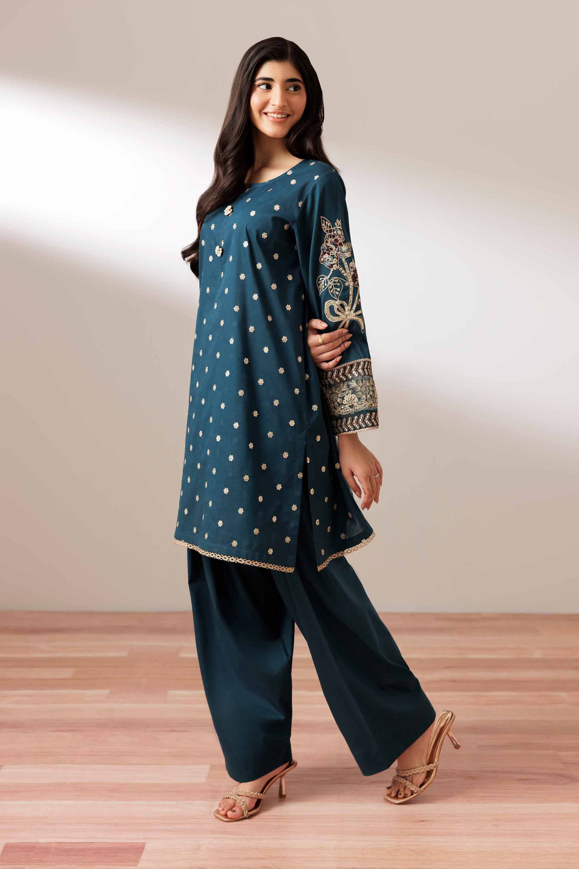 2 Piece - Embroidered Suit - PUS25-67 READY TO WEAR Blue Cambric 2PC Embroidered