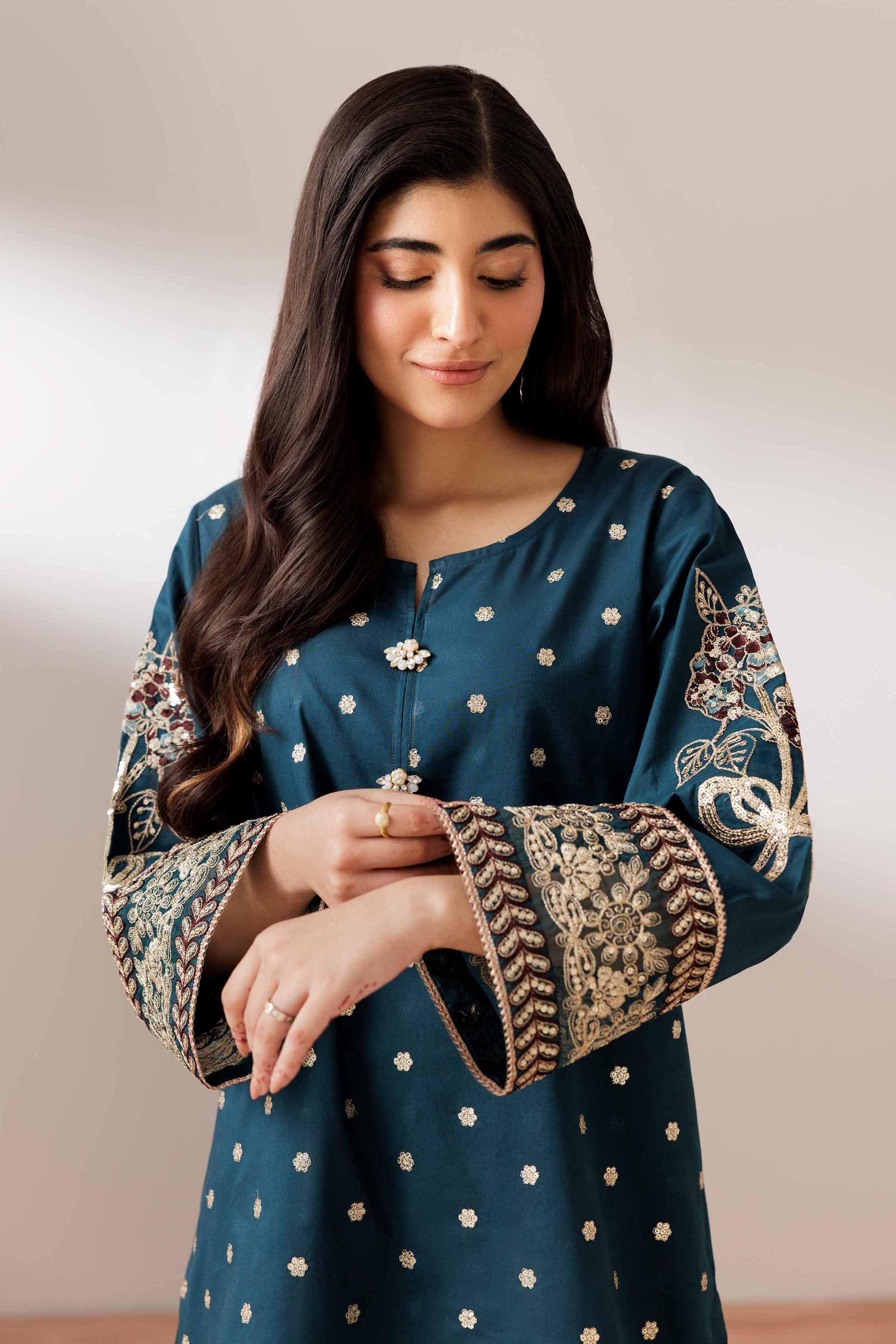 2 Piece - Embroidered Suit - PUS25-67 READY TO WEAR Blue Cambric 2PC Embroidered