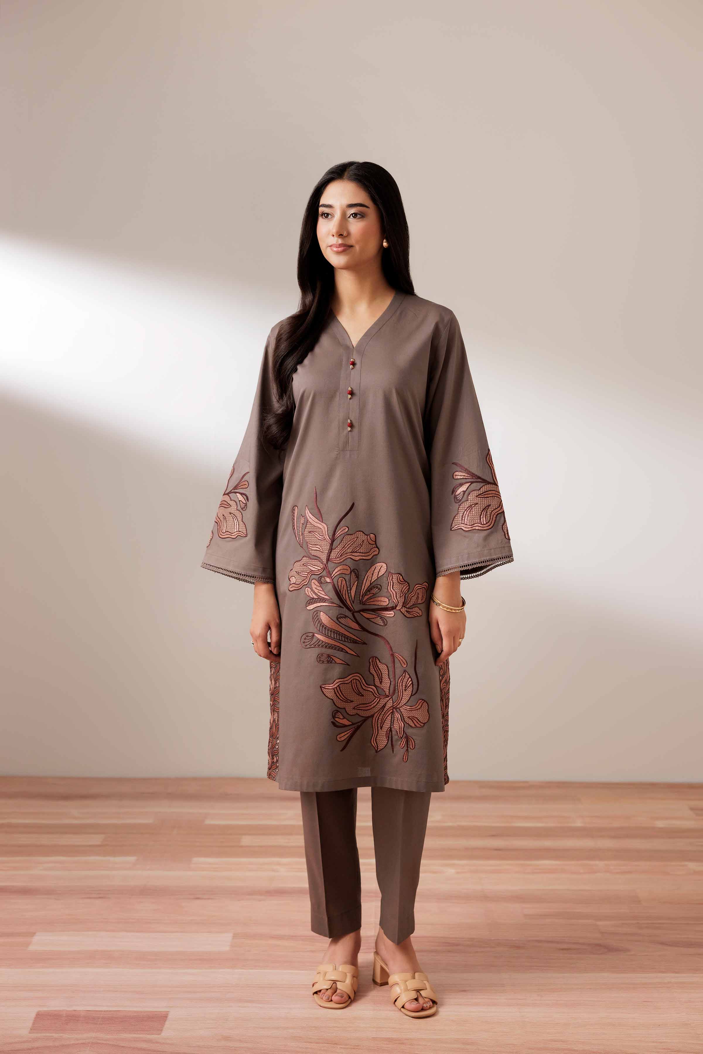 2 Piece - Embroidered Suit - PUS25-68 READY TO WEAR Brown Cambric 2PC Embroidered