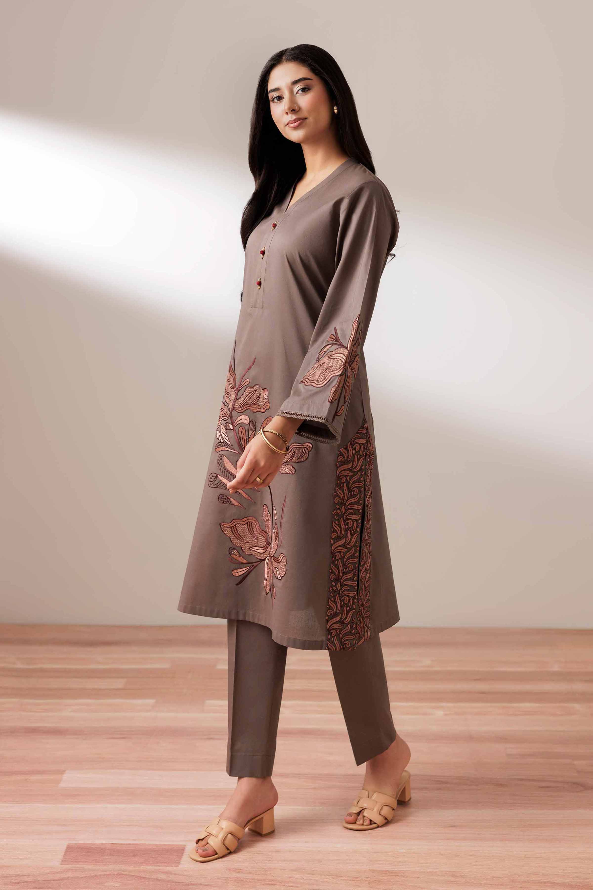 2 Piece - Embroidered Suit - PUS25-68 READY TO WEAR Brown Cambric 2PC Embroidered