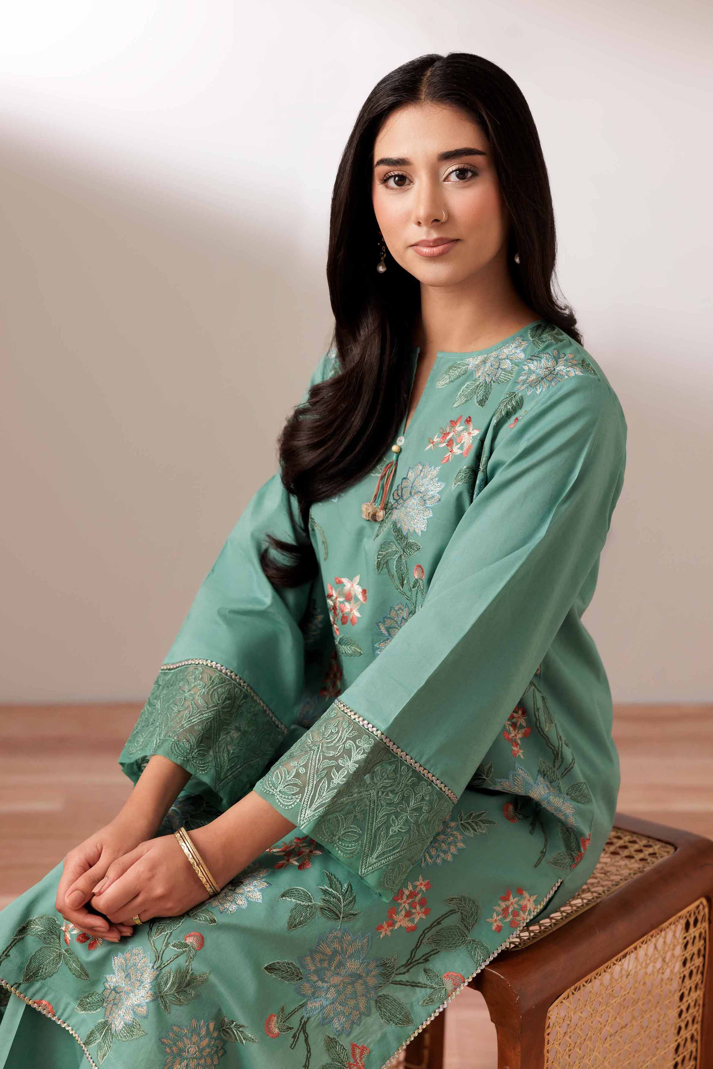 2 Piece - Embroidered Suit - PUS25-69 READY TO WEAR Green Cambric 2PC Embroidered
