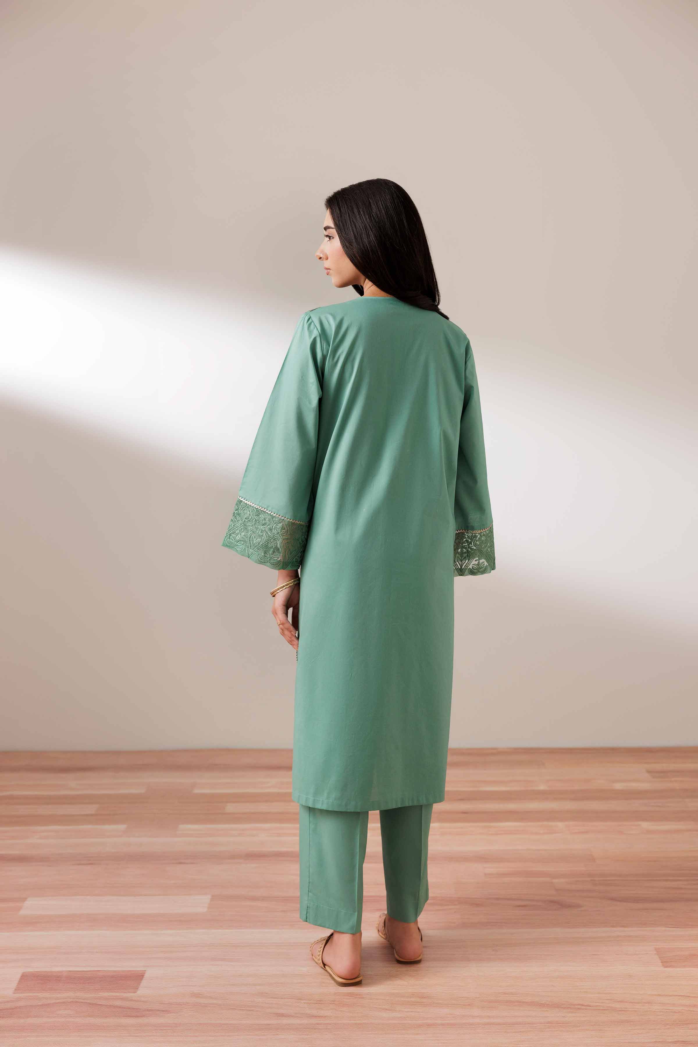 2 Piece - Embroidered Suit - PUS25-69 READY TO WEAR Green Cambric 2PC Embroidered