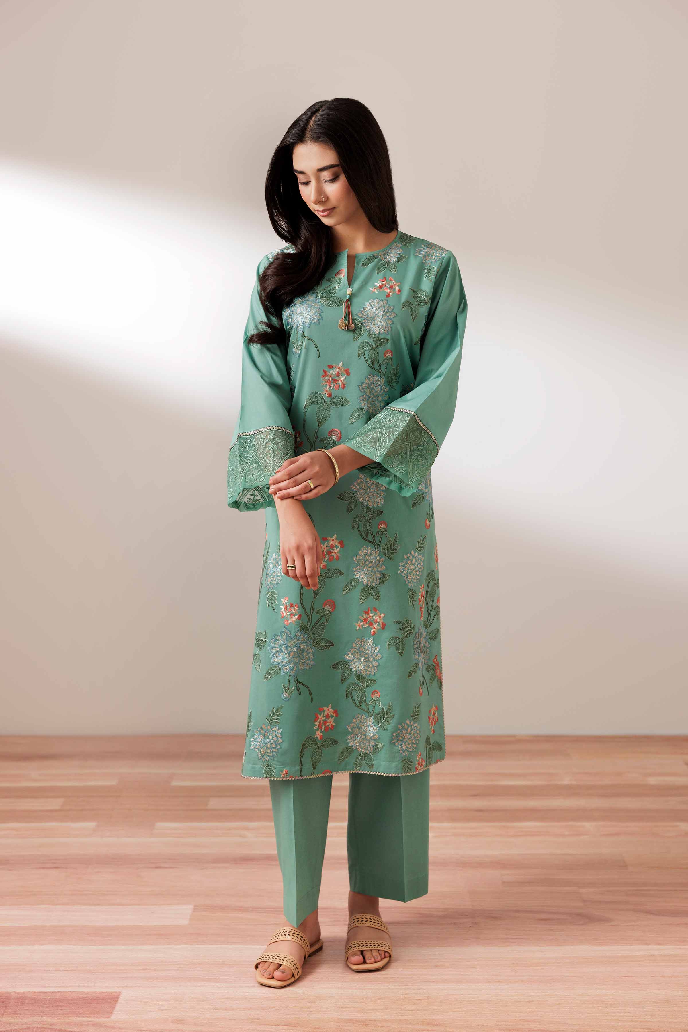 2 Piece - Embroidered Suit - PUS25-69 READY TO WEAR Green Cambric 2PC Embroidered