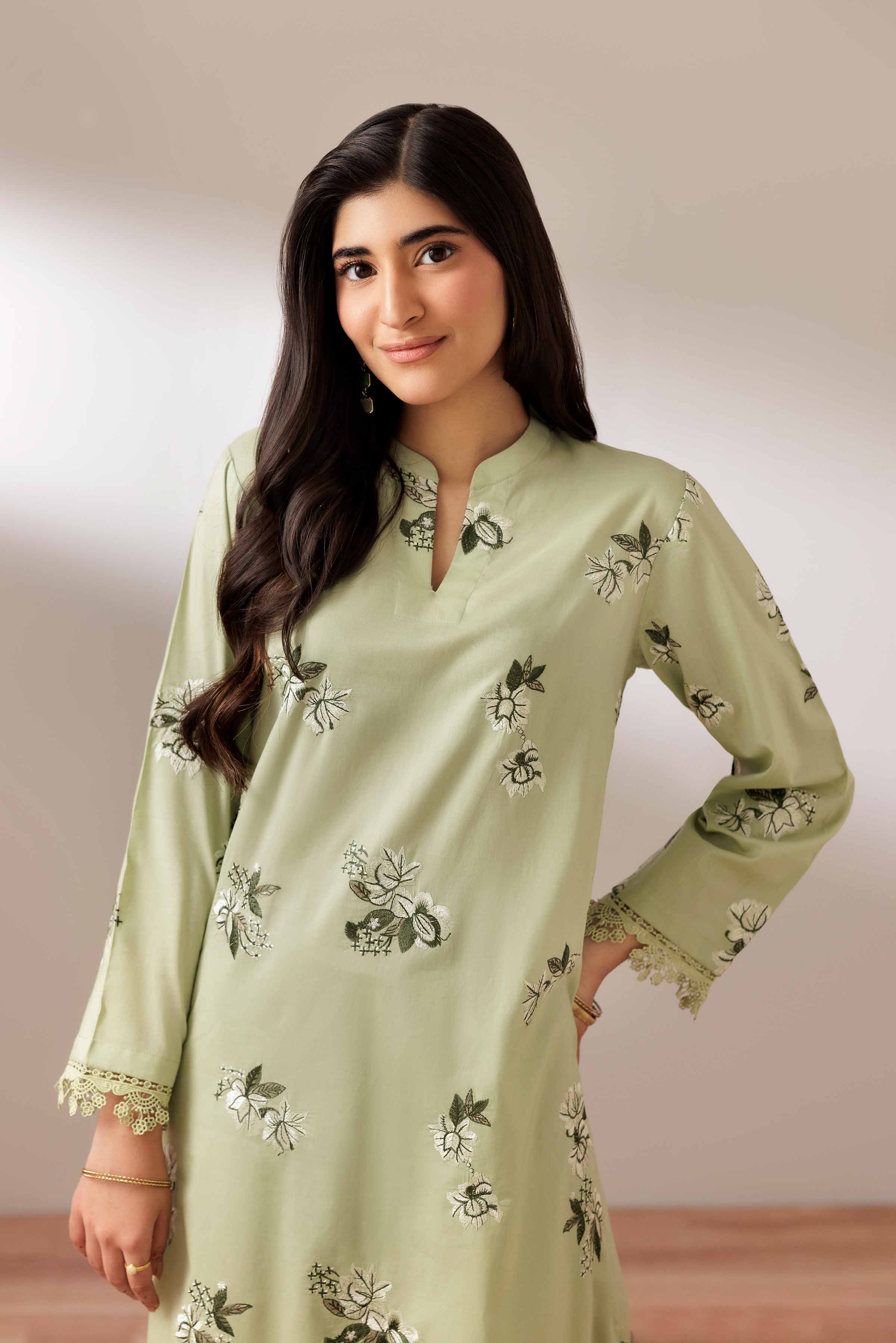 2 Piece - Embroidered Suit - PUS25-71 READY TO WEAR Green Cambric 2PC Embroidered