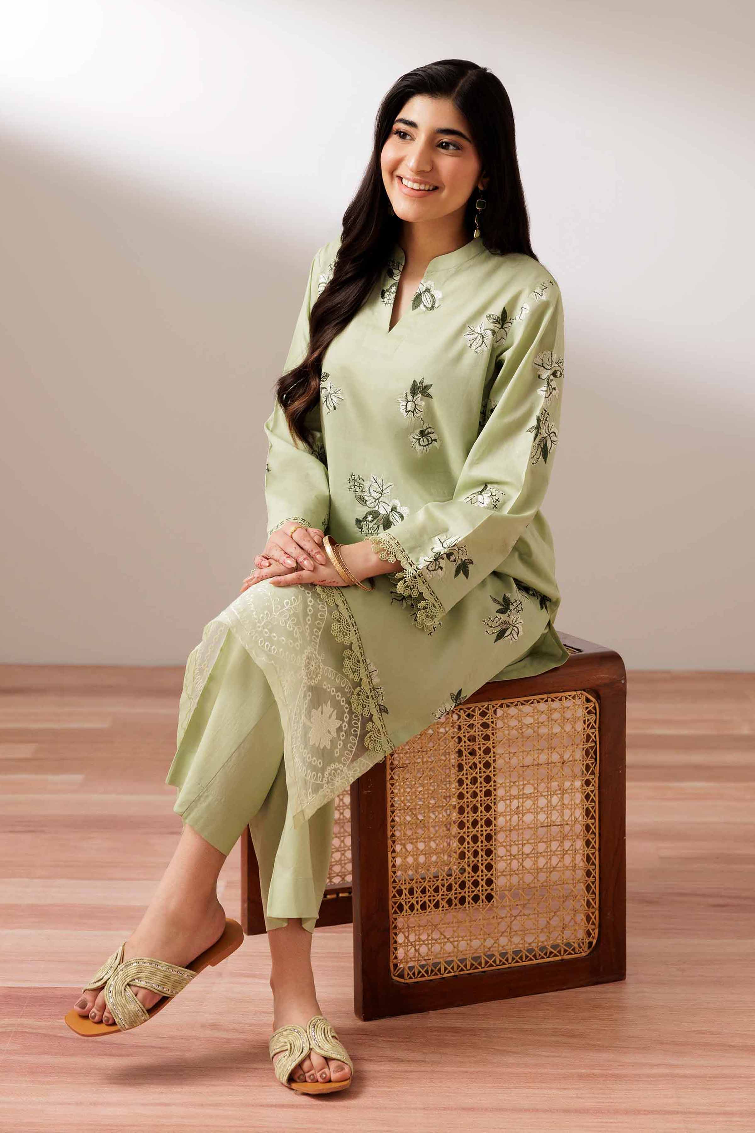 2 Piece - Embroidered Suit - PUS25-71 READY TO WEAR Green Cambric 2PC Embroidered