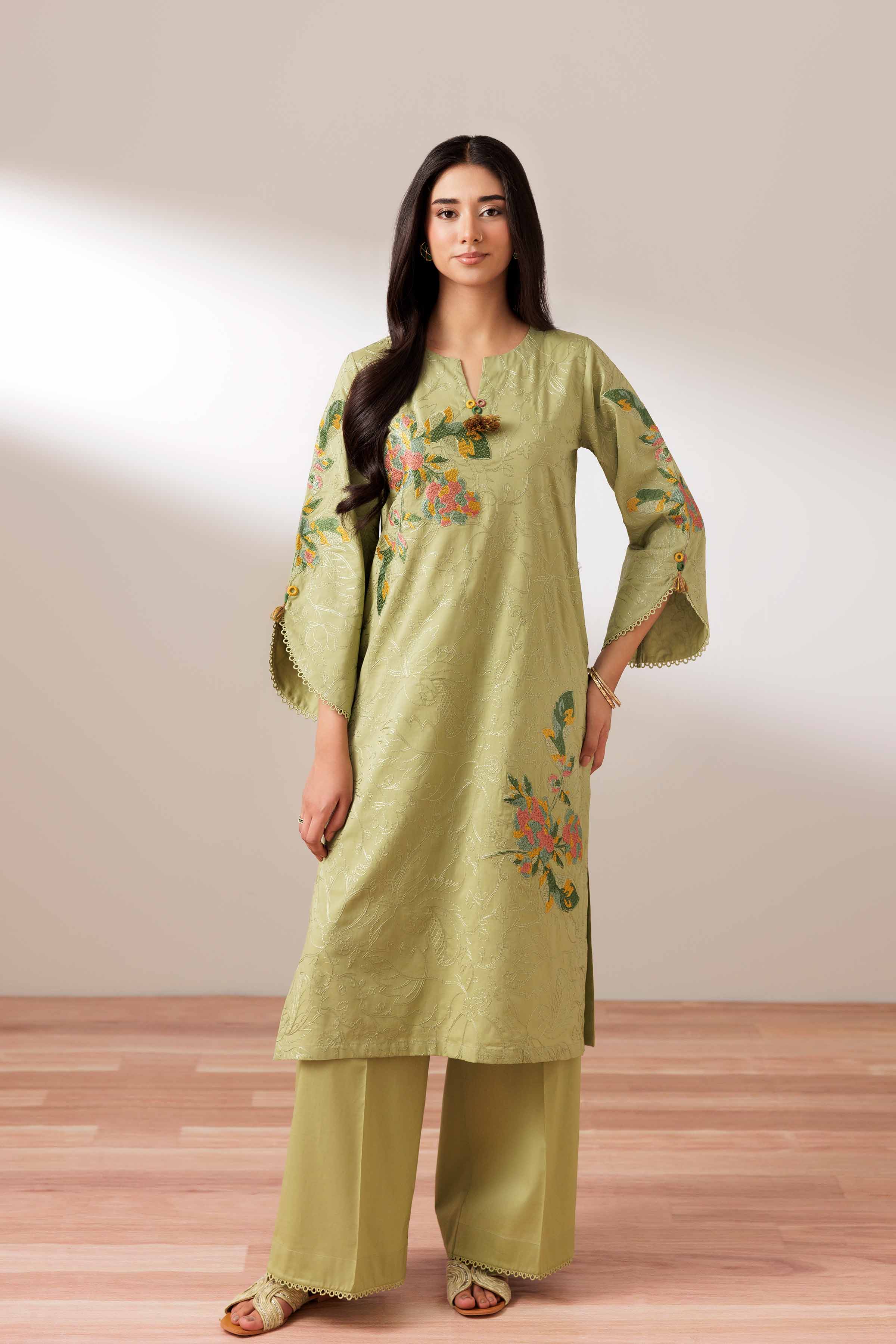 2 Piece - Embroidered Suit - PUS25-72 READY TO WEAR Green Cambric 2PC Embroidered