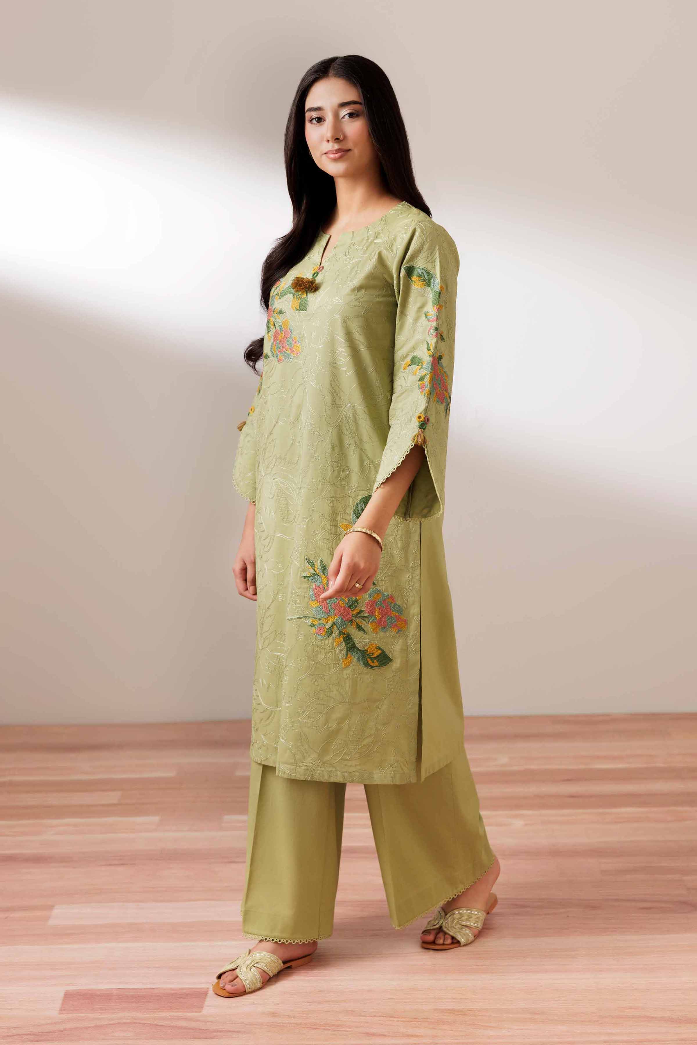 2 Piece - Embroidered Suit - PUS25-72 READY TO WEAR Green Cambric 2PC Embroidered