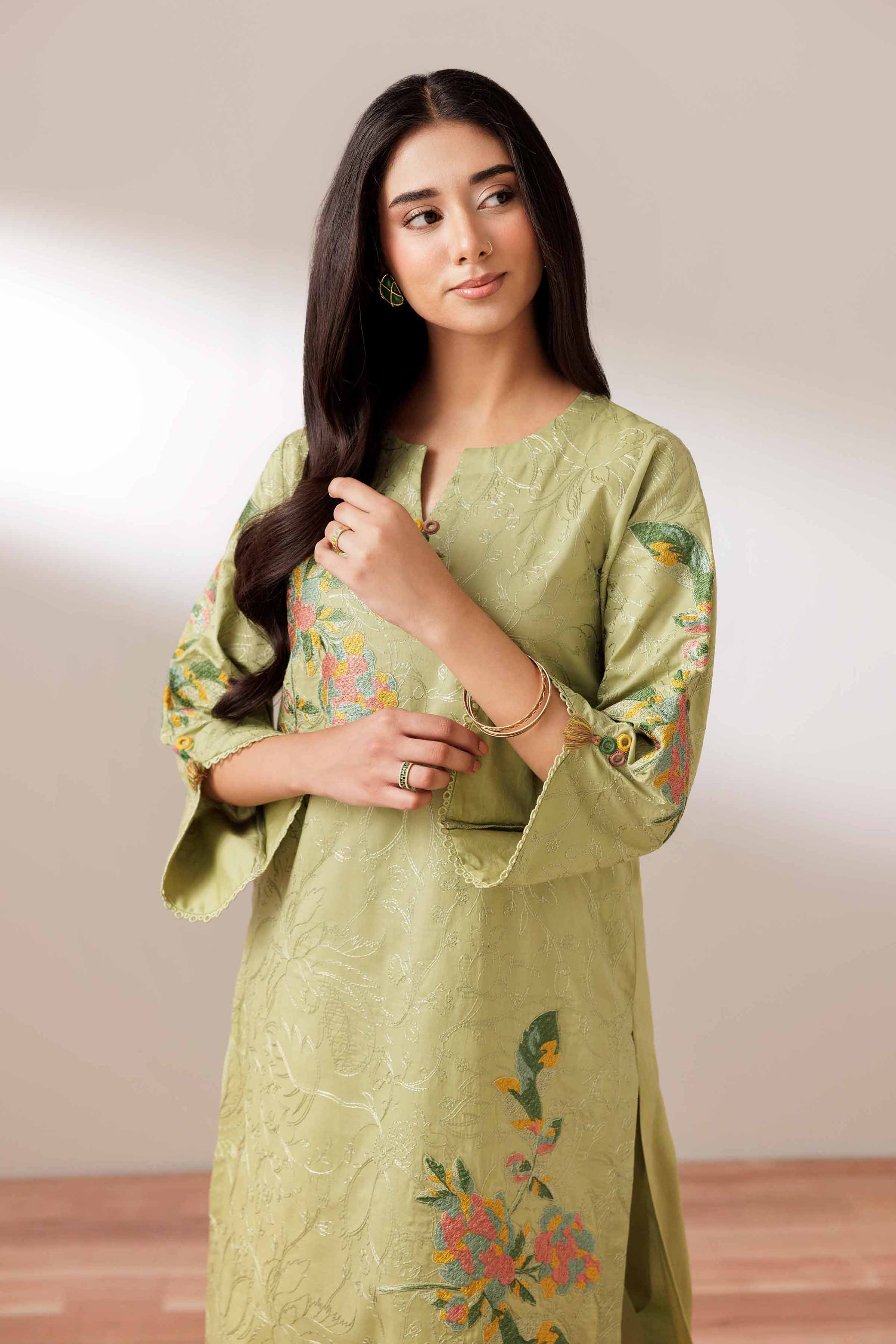 2 Piece - Embroidered Suit - PUS25-72 READY TO WEAR Green Cambric 2PC Embroidered