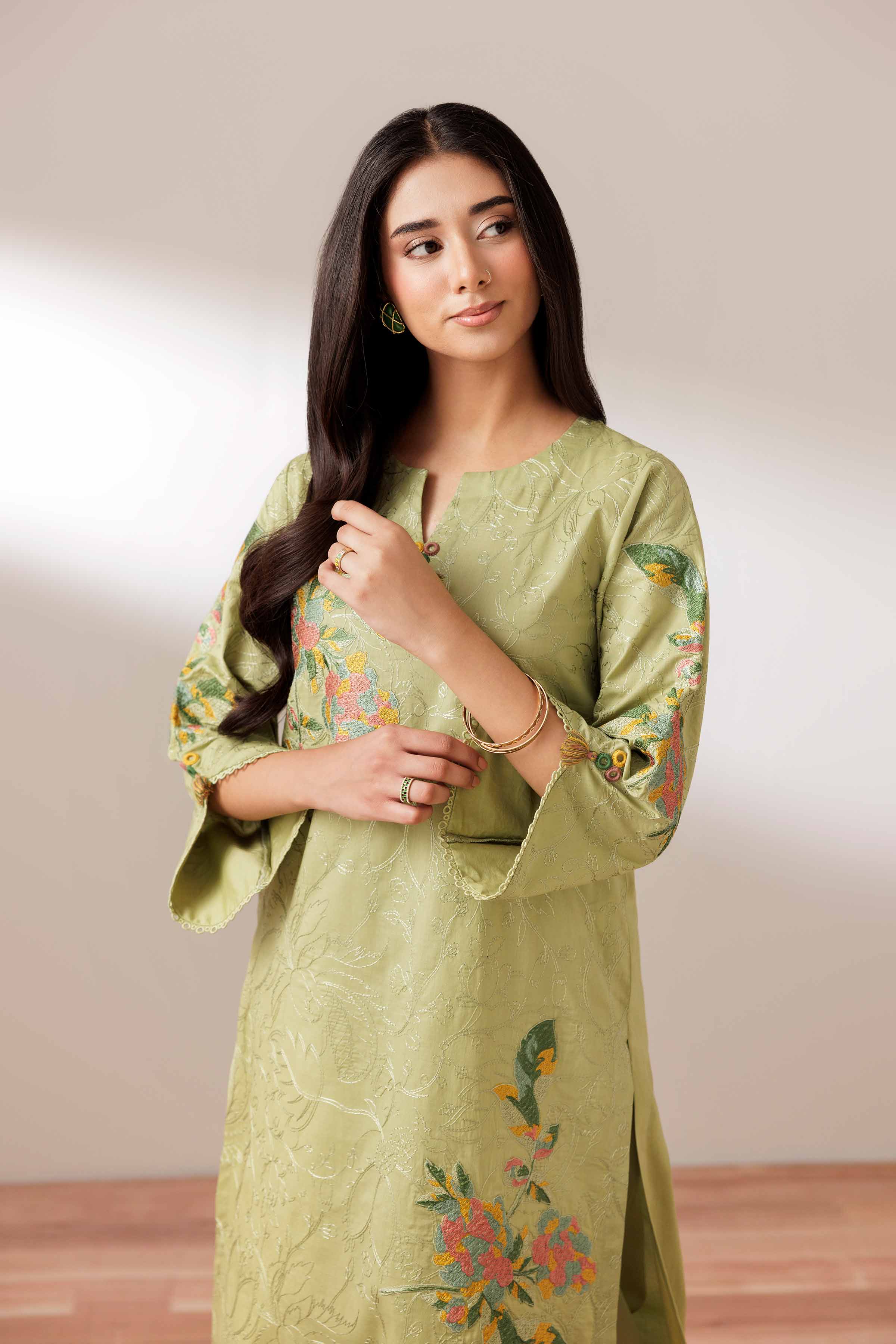 2 Piece - Embroidered Suit - PUS25-72 READY TO WEAR Green Cambric 2PC Embroidered
